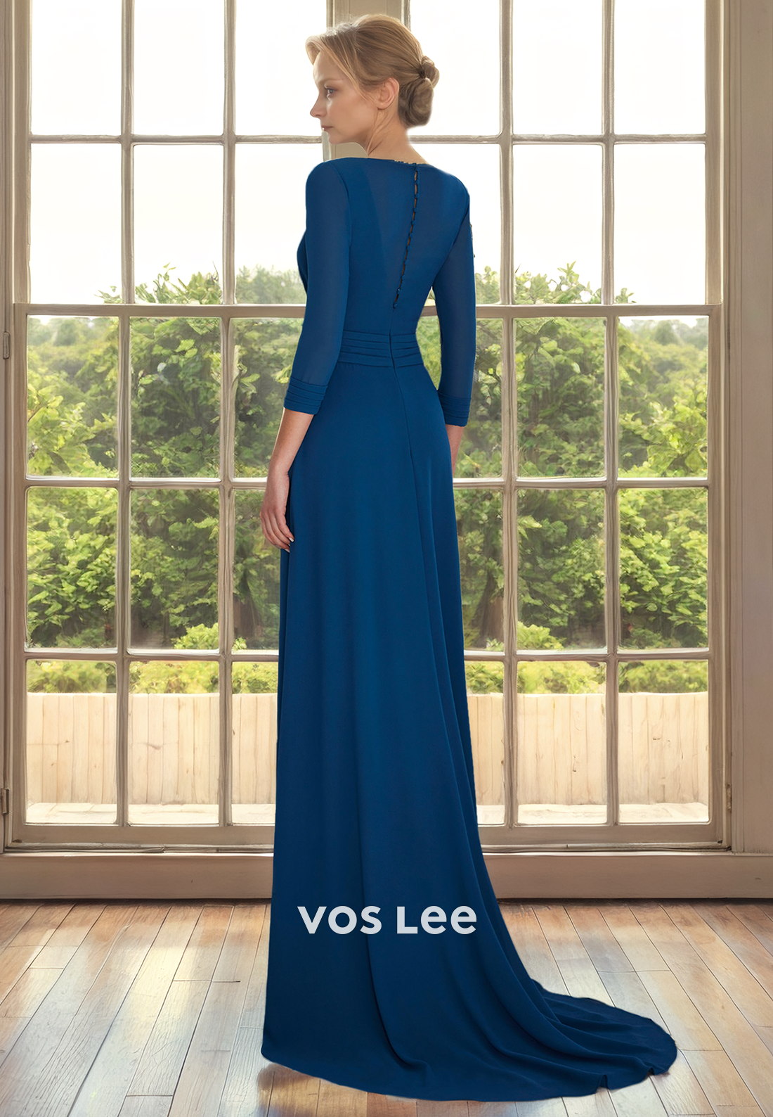 Sheath V Neck Long Sleeves Back Zipper Draped Sweep Train Mother of the Evening Dress