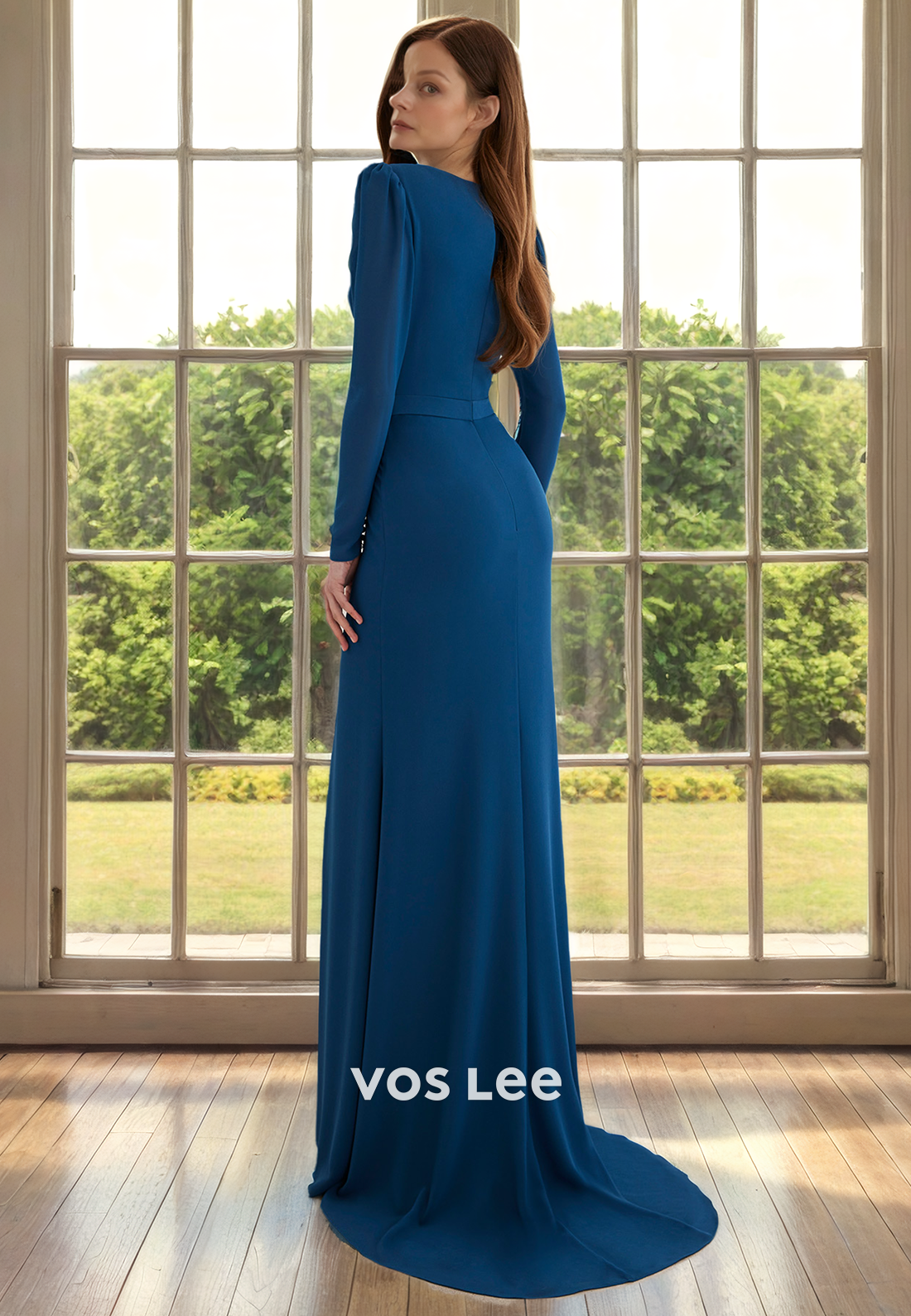 Column V Neck Long Sleeves Ink Blue Side Split Draped Satin Mother of the Wedding Guest Dress