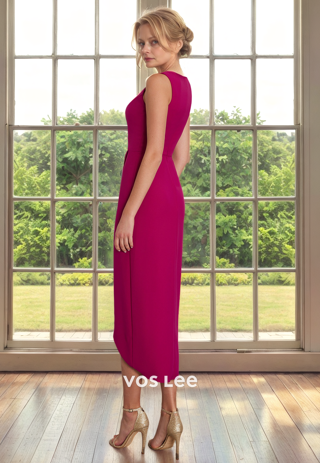 Modest Sheath V Neck Back Zipper Ruched Long Satin Mother of the Wedding Guest Dress