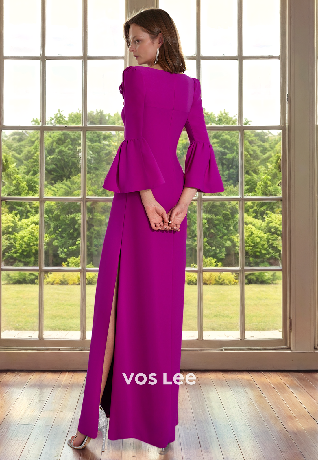 Charming V Neck Column Long Sleeves Floor Length 3D Flower Mother of the Bride Dress