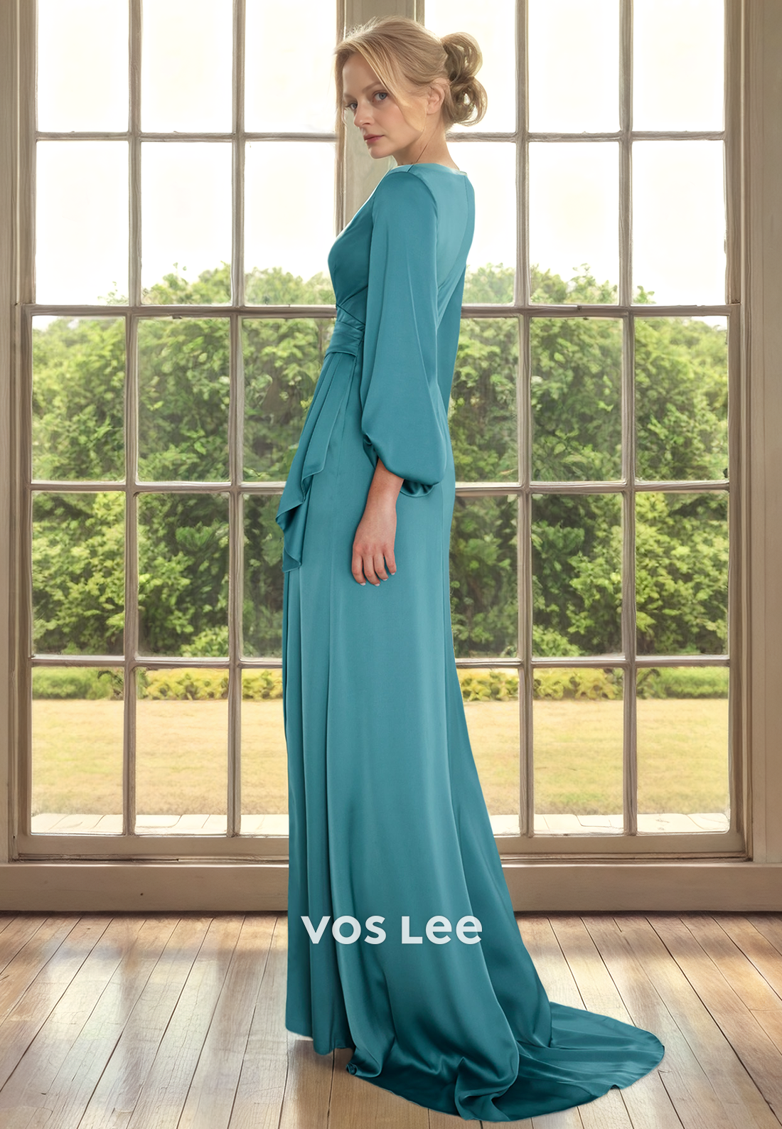 Unique V Neck Long Sleeves Column Draped Ruffled Side Split Mother of the Formal Dress