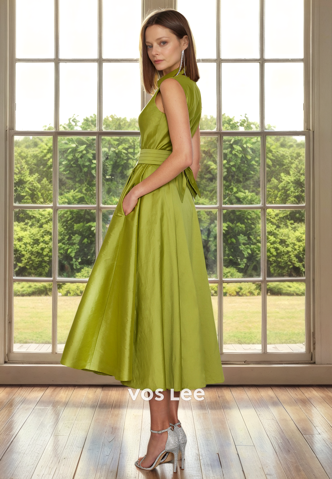 A-Line V Neck Sleeveless Button Pleated Tea Length Satin Mopther of the Formal Dress