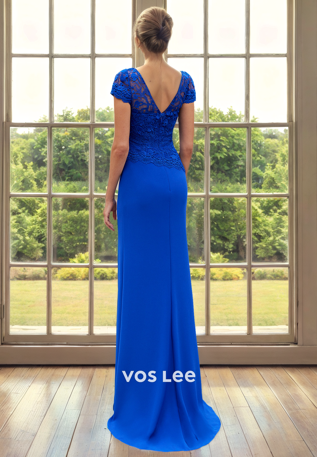 Sheath Ruyal Blue Short Sleeves Lace Appliques Draped Satin Mother of the Bride Dress