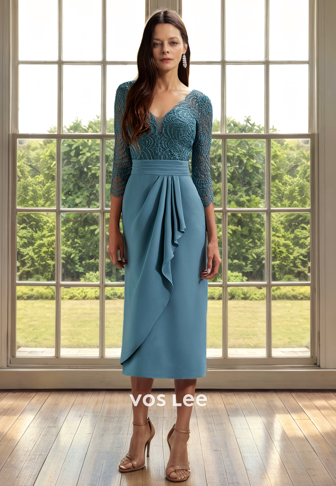 Ornate V Neck Long Sleeves Back Zipper Ruffled Long Mother of the Wedding Guest Dress