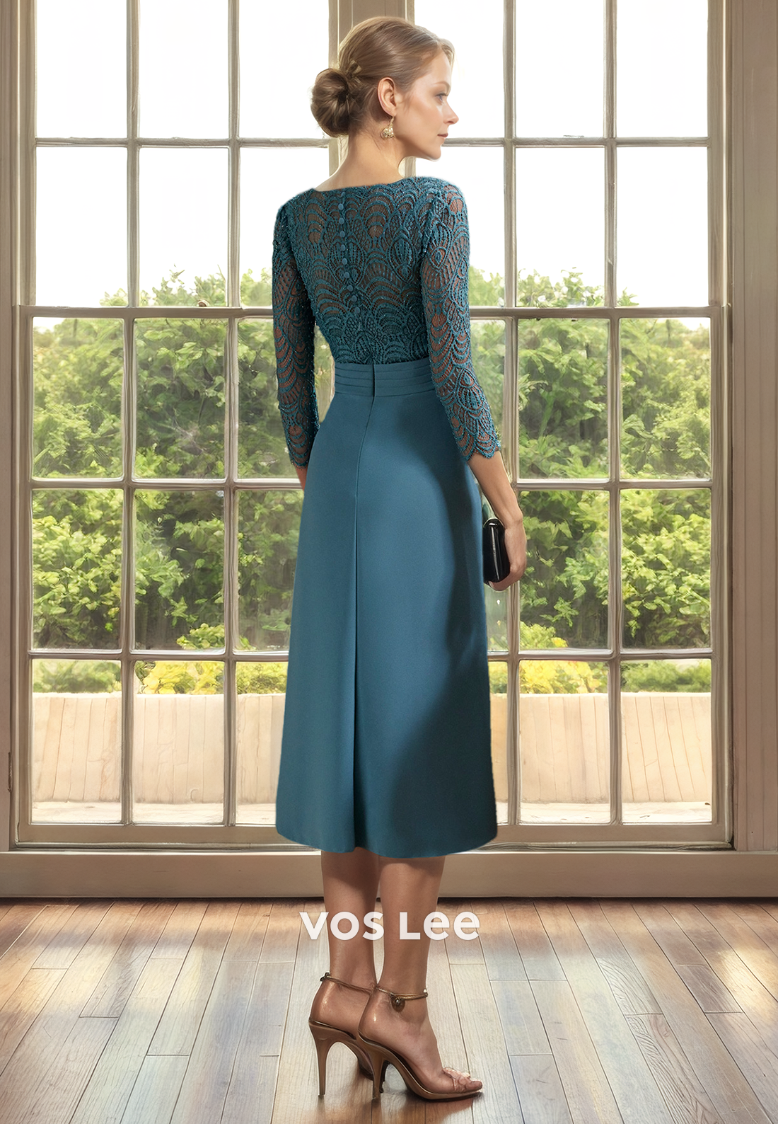 Ornate V Neck Long Sleeves Back Zipper Ruffled Long Mother of the Wedding Guest Dress