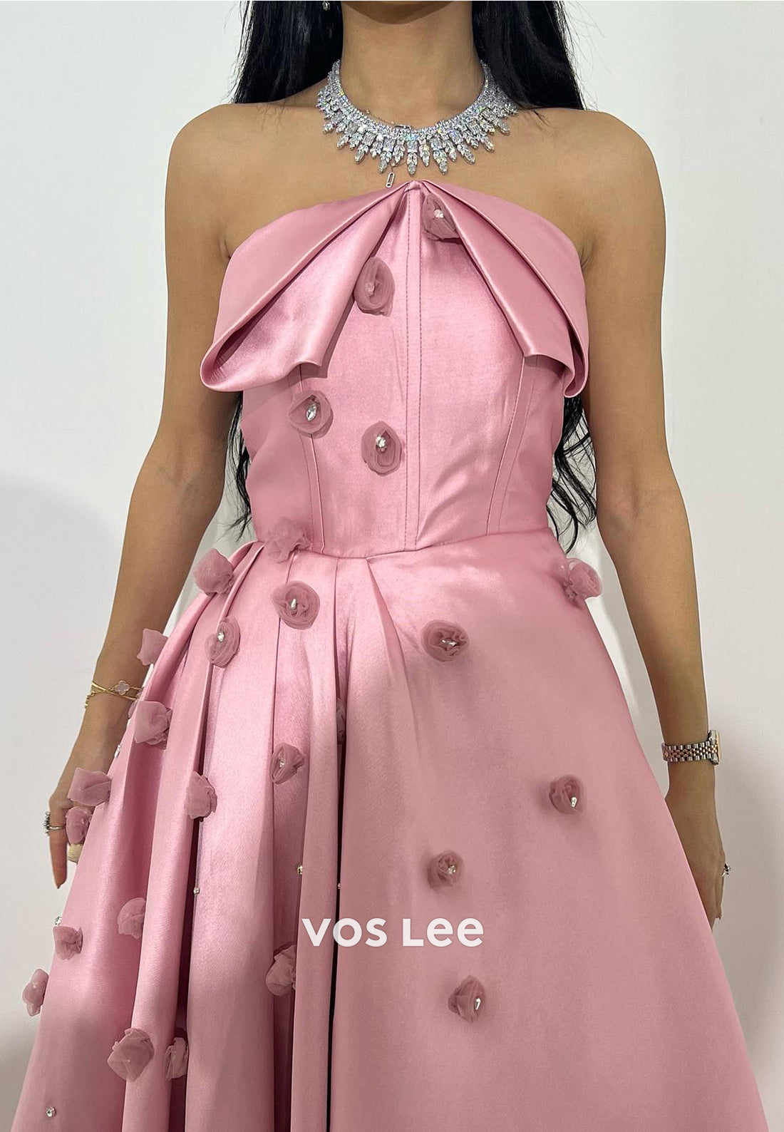 A-Line Pink 3D Flowers Strapless Rhinestone Ankle-Length Evening Dresses