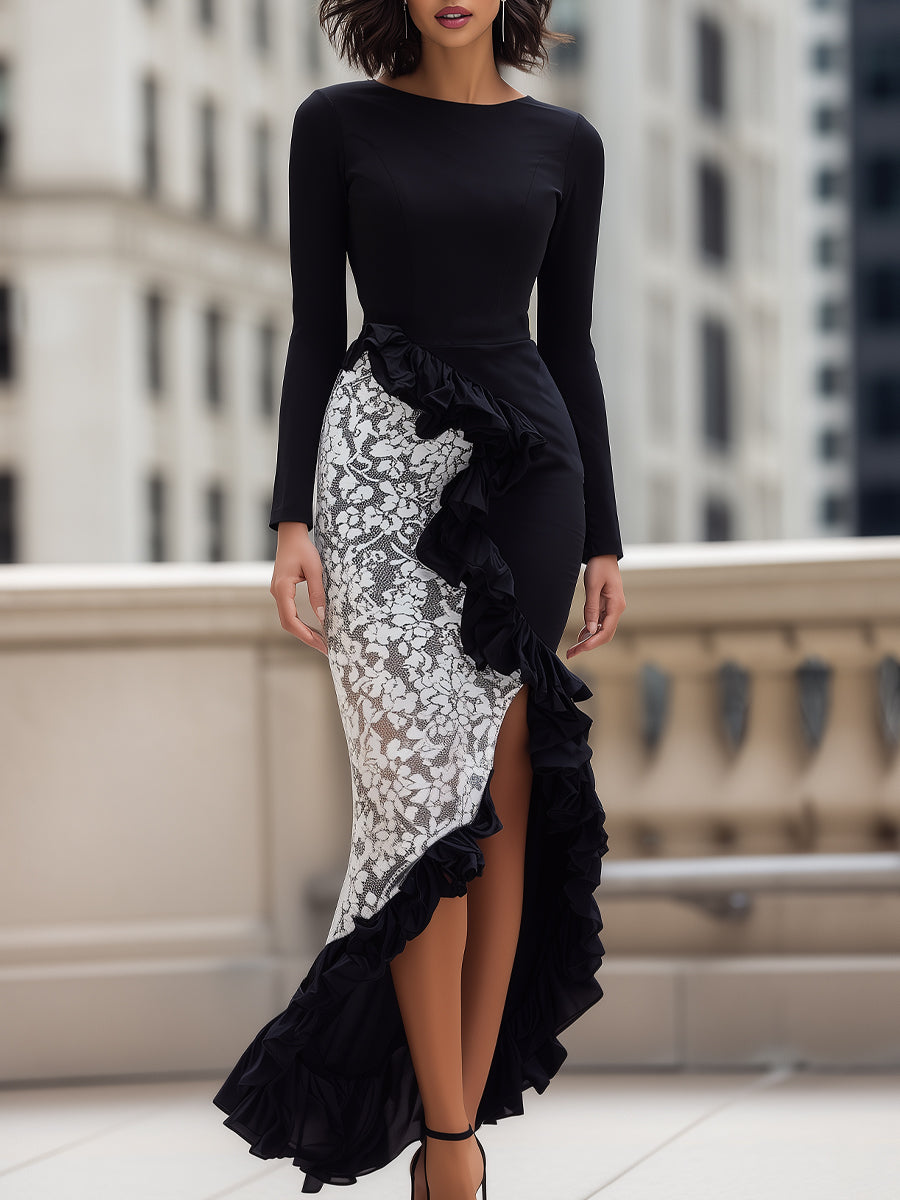 Long-Sleeve Asymmetric Ruffle Dress With Lace Contrast