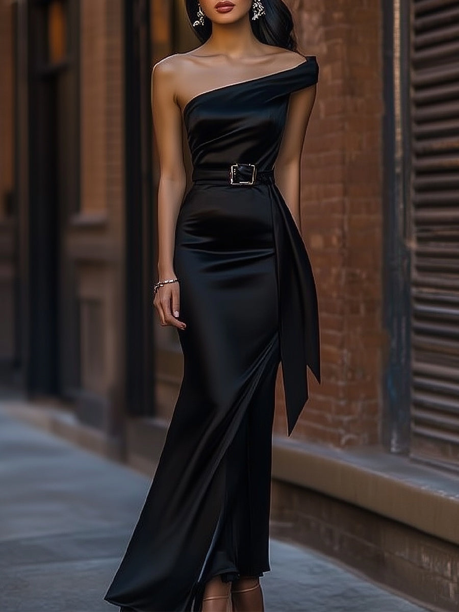 Midnight Noir One-Shoulder Satin Belted Gown