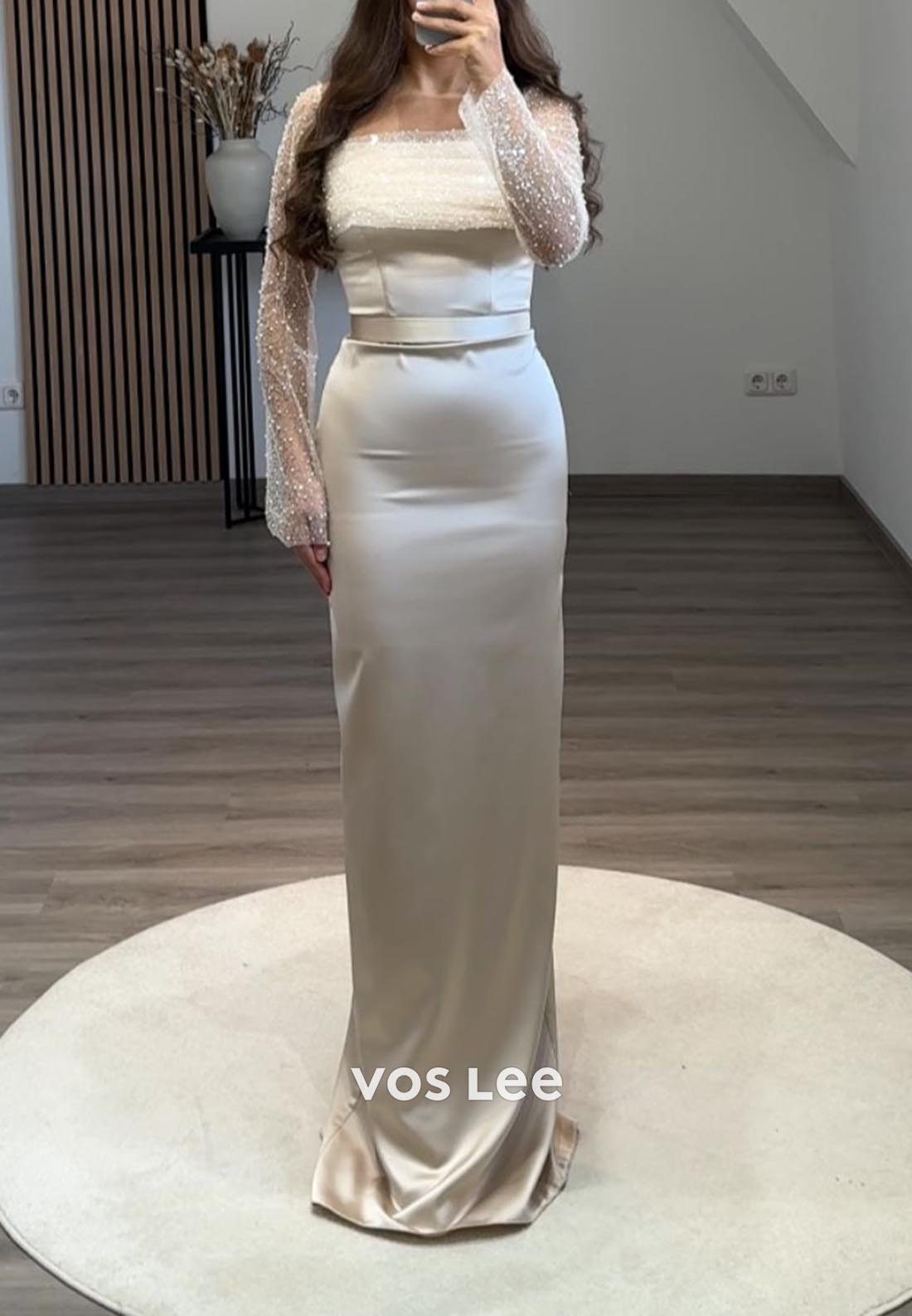 Long Sleeves Sequined Mermaid Formal Dresses with Detachable Train