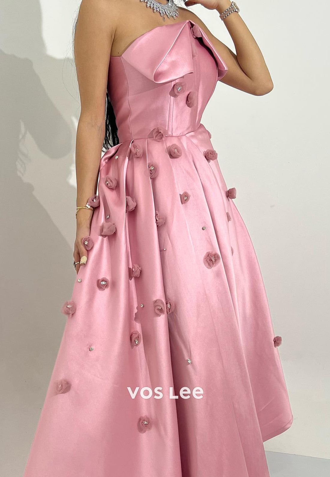 A-Line Pink 3D Flowers Strapless Rhinestone Ankle-Length Evening Dresses