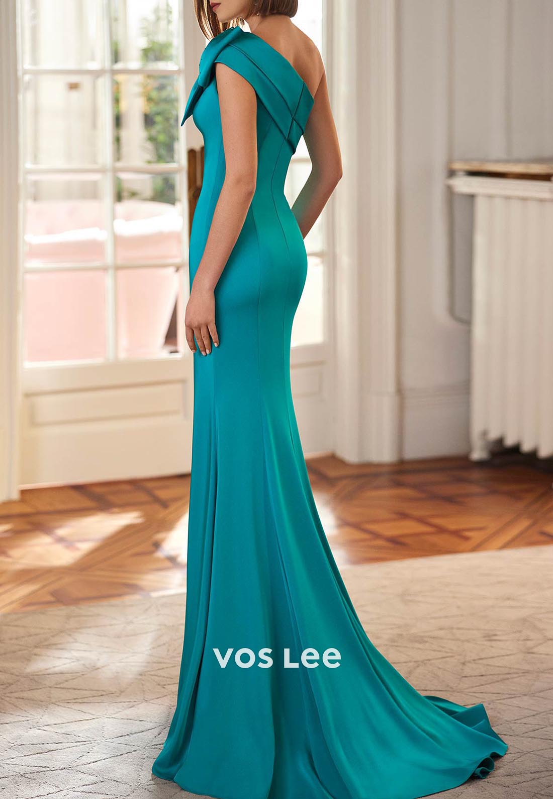 One Shoulder Pleated Bowknot Mermaid Mother of Bride Dresses with Sweep Train