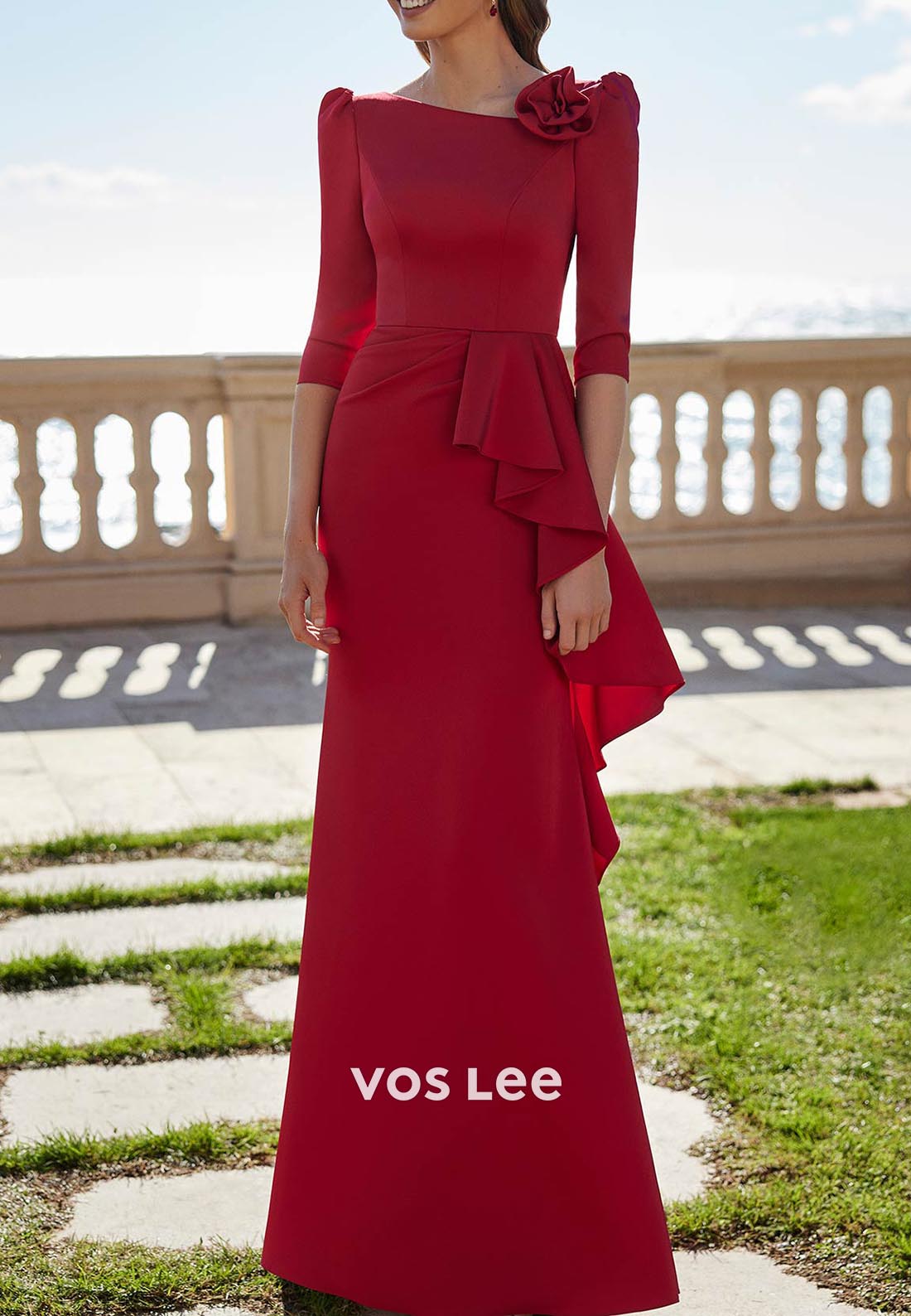 Classic 3/4 Sleeve Asymmetrical Neck Flowers Pleated Mermaid Mother of Bride Dresses