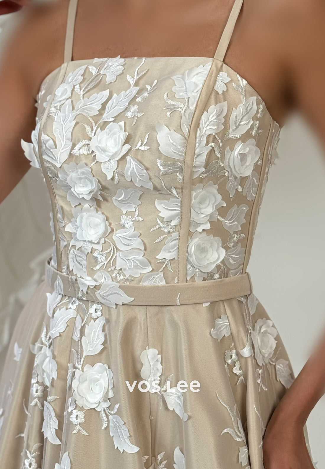 Classic A-Line Spaghetti Straps Appliques Lace Pleated Floor-Length Evening Dresses