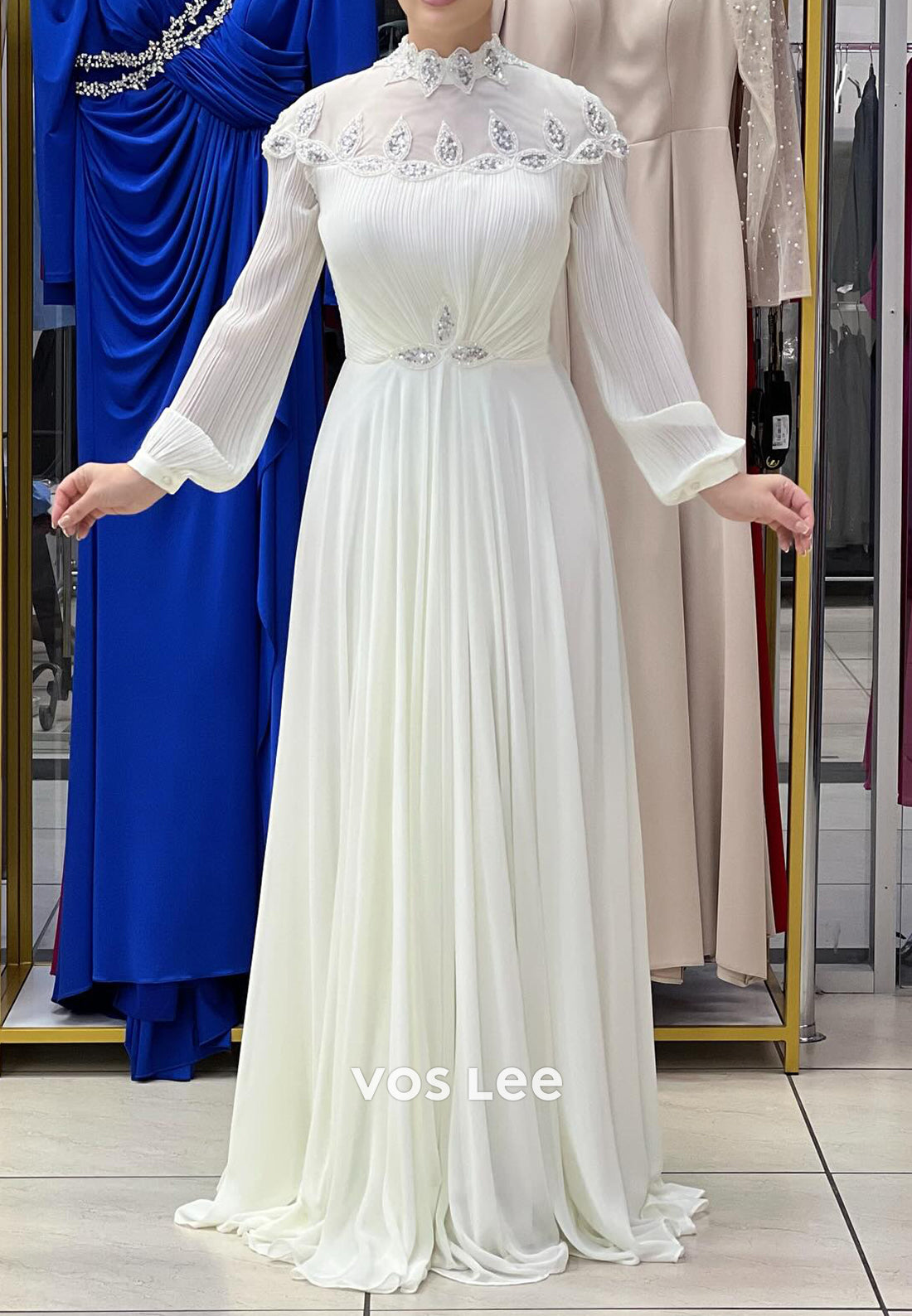 A-Line Long Sleeve High Neck Sequined Embellished Pleated Evening Dresses