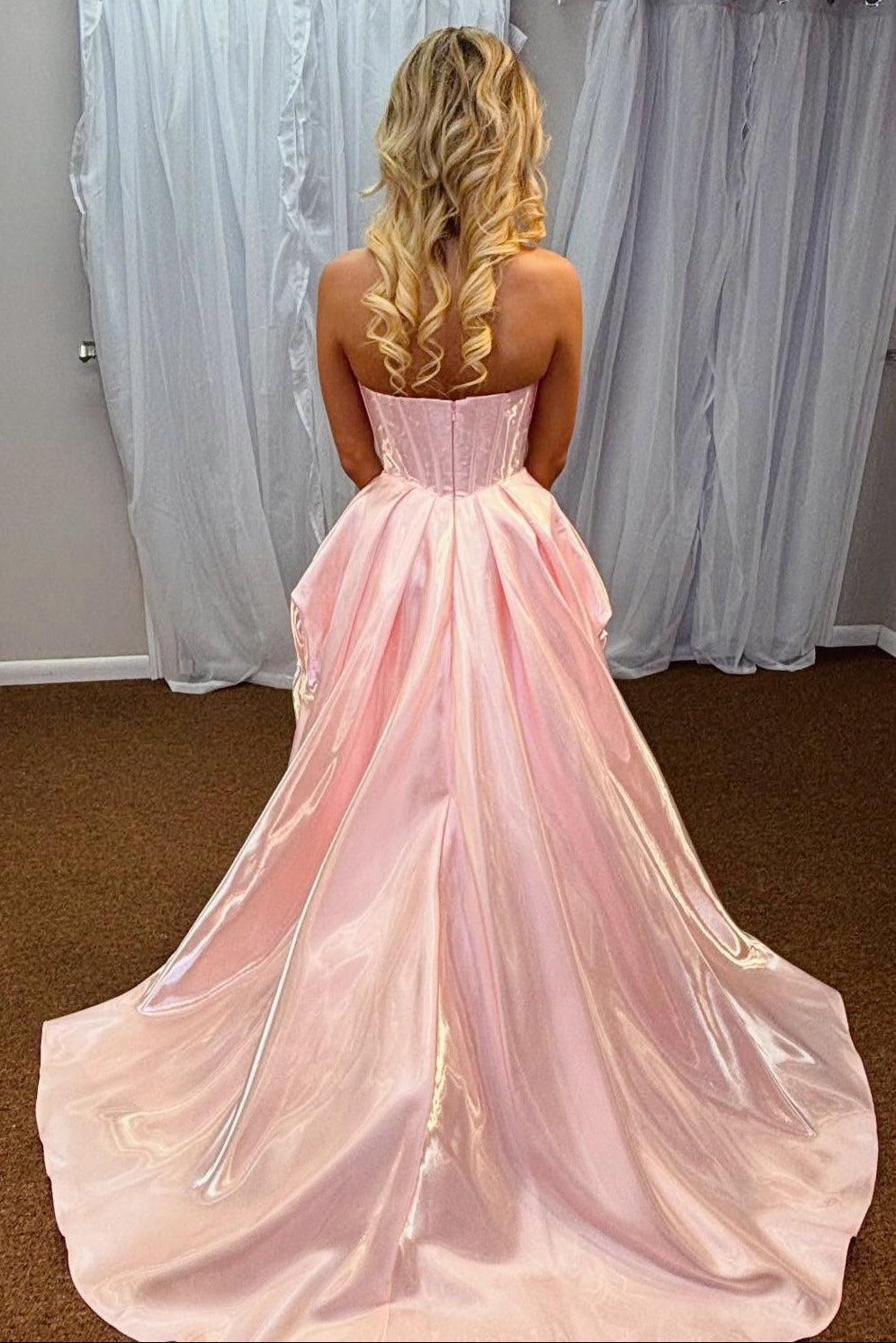 Pink Strapless A-Line Prom Dress Party Dress with Slit