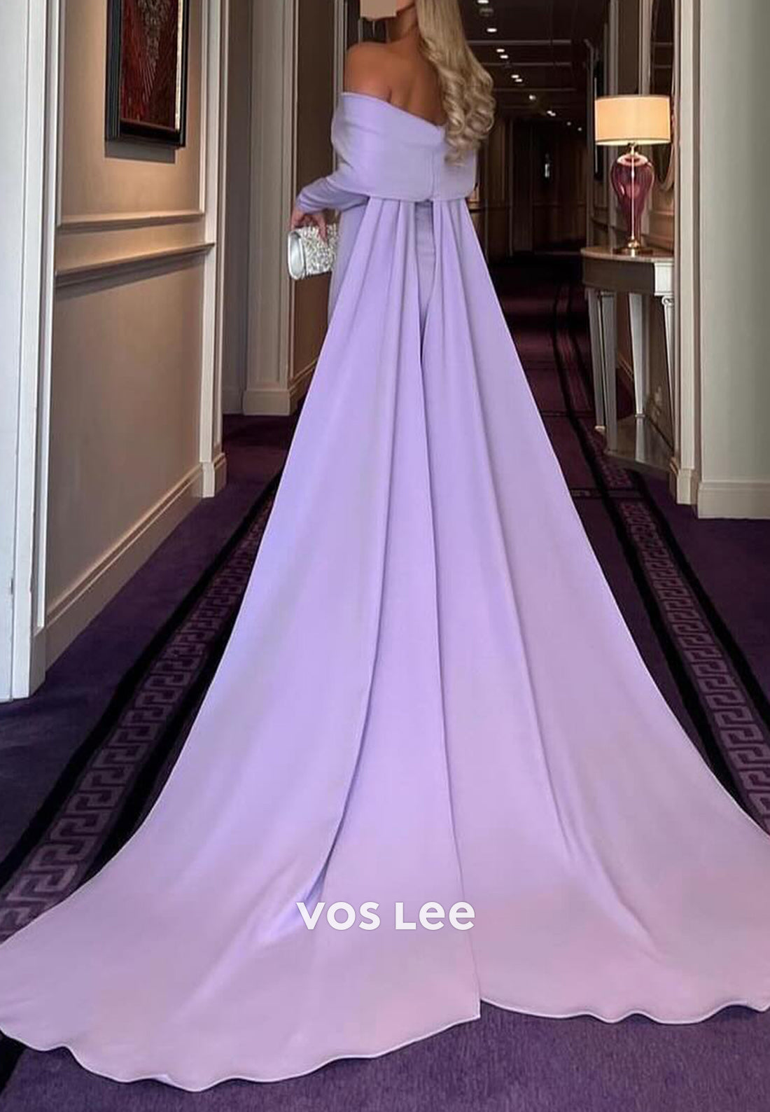 Long Sleeve Off the Shoulder Pleated Mermaid Evening Dresses with Court Train