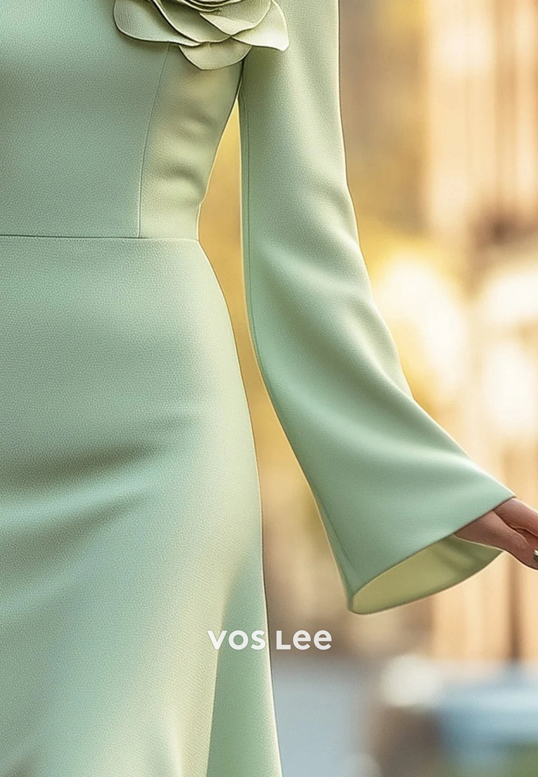Bell Sleeves Scoop Flowers Embellished Tea-Length Mermaid Wedding Guest Dresses
