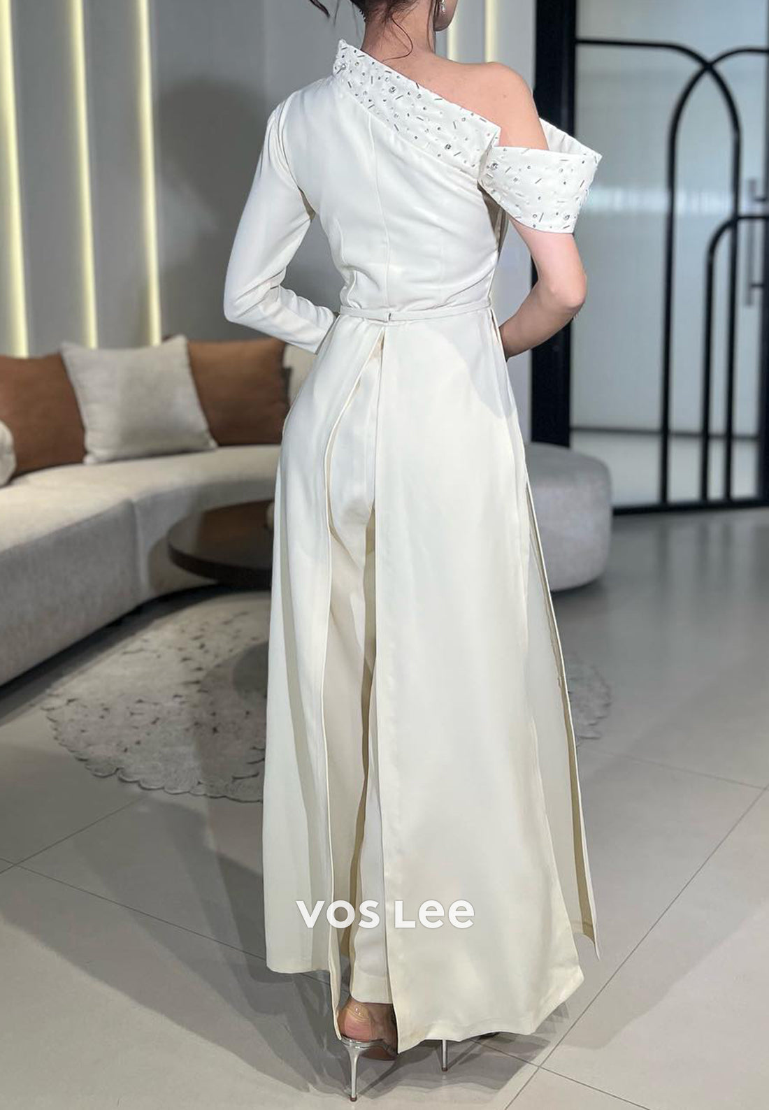 Long Sleeve Asymmetrical Neck Beaded Jumpsuit Evening Dresses