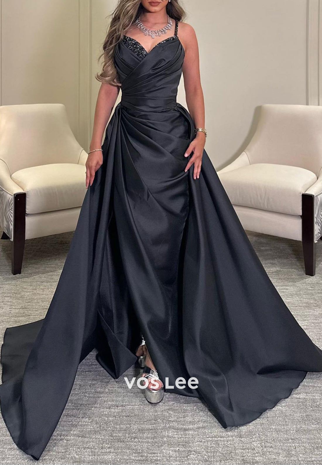A-Line Spaghetti Straps Sweetheart Rhinestone Split Evening Dresses with Sweep Train