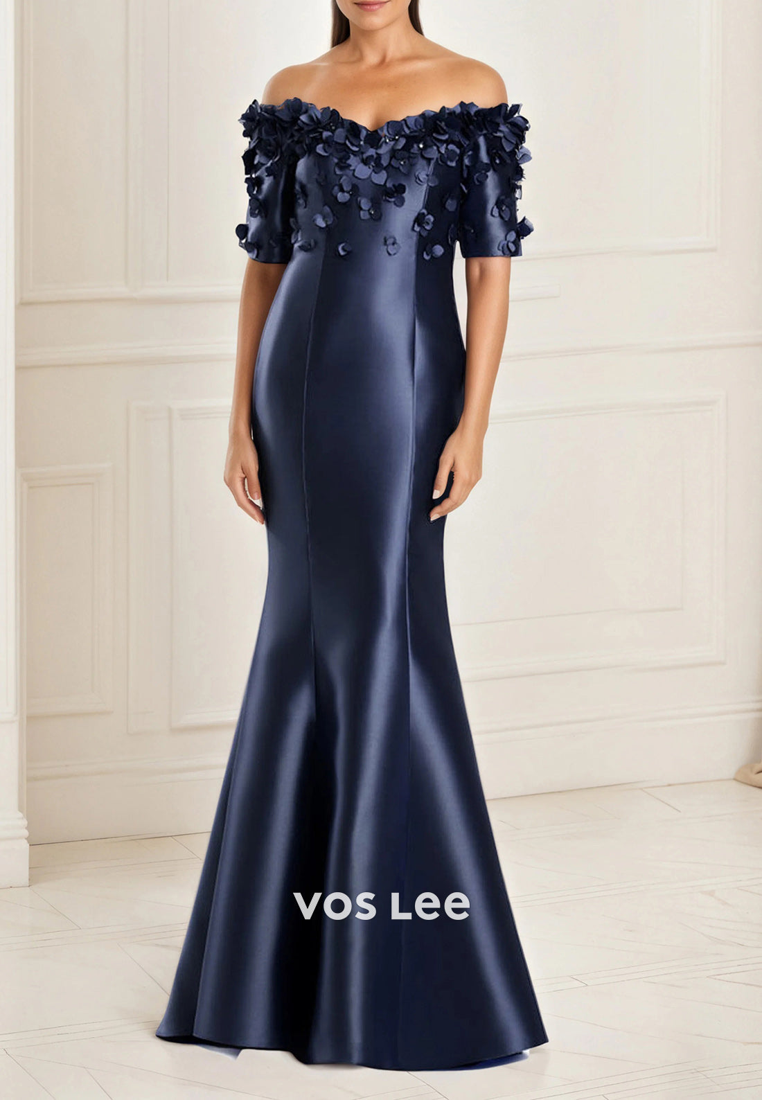 Classic Short Sleeves Off the Shoulder Appliqued Pleated Mermaid Mother of Bride Dresses