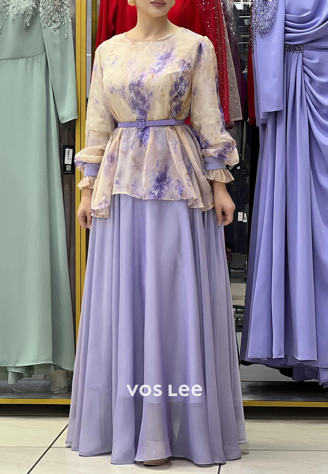 A-Line Long Sleeve Scoop Pleated Floor-Length Evening Dresses
