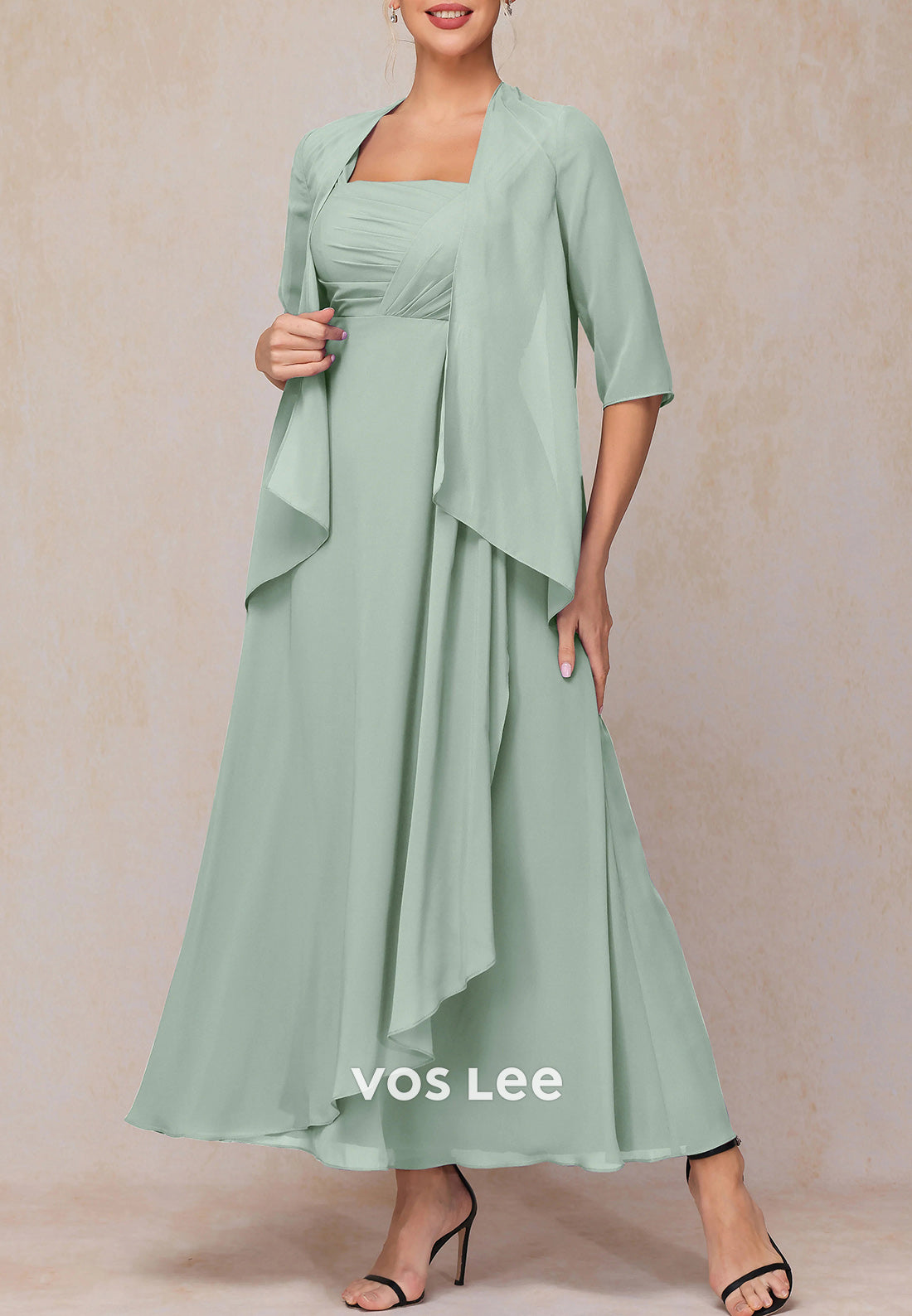 Glamorous A-Line Two-Piece Half Sleeve Ankle-Length Pleated Mother of Bride Dresses