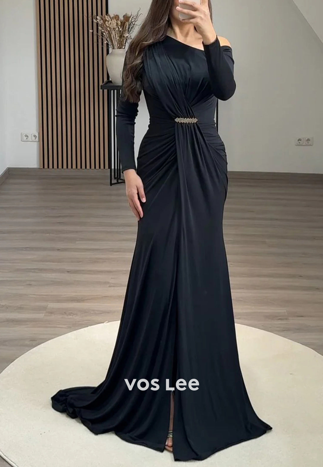 Long Sleeve One Shoulder Rhinestone Pleated Mermaid Evening Dresses with Sweep Train