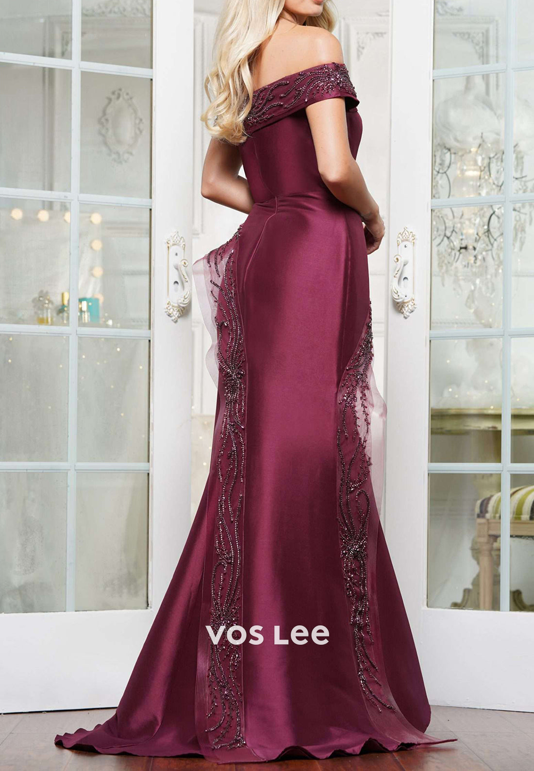Off the Shoulder Beaded Mermaid Mother of Bride Dresses with Sweep Train