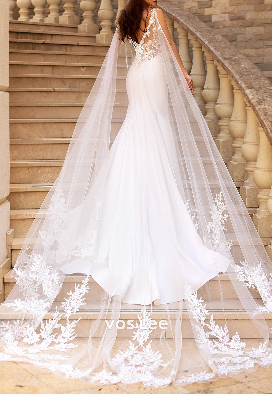 V Neck Spaghetti Straps Appliques Lace Mermaid Wedding Dresses with Sweep Train