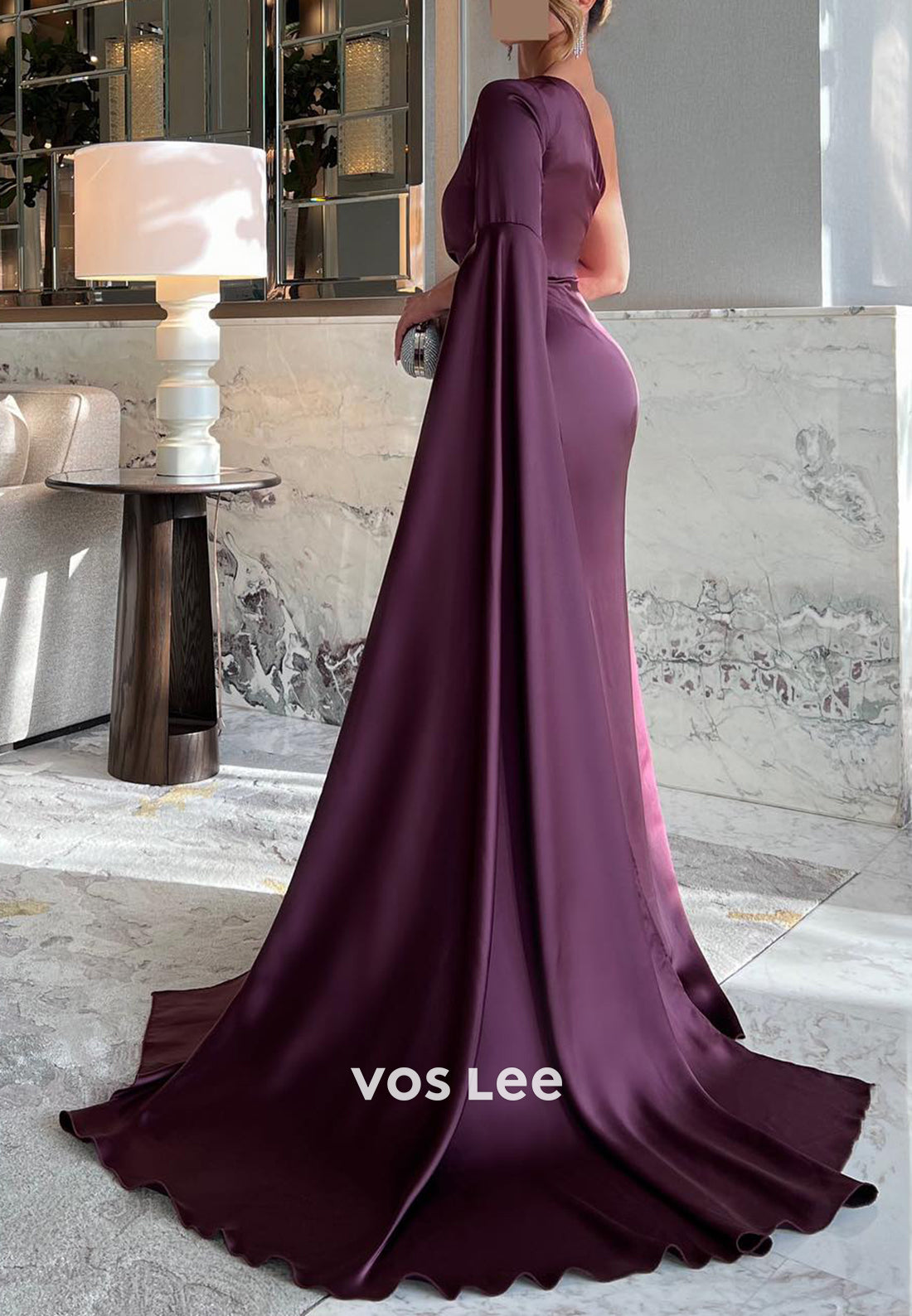 Long Sleeve One Shoulder Mermaid Pleated Evening Dresses with Sweep Train