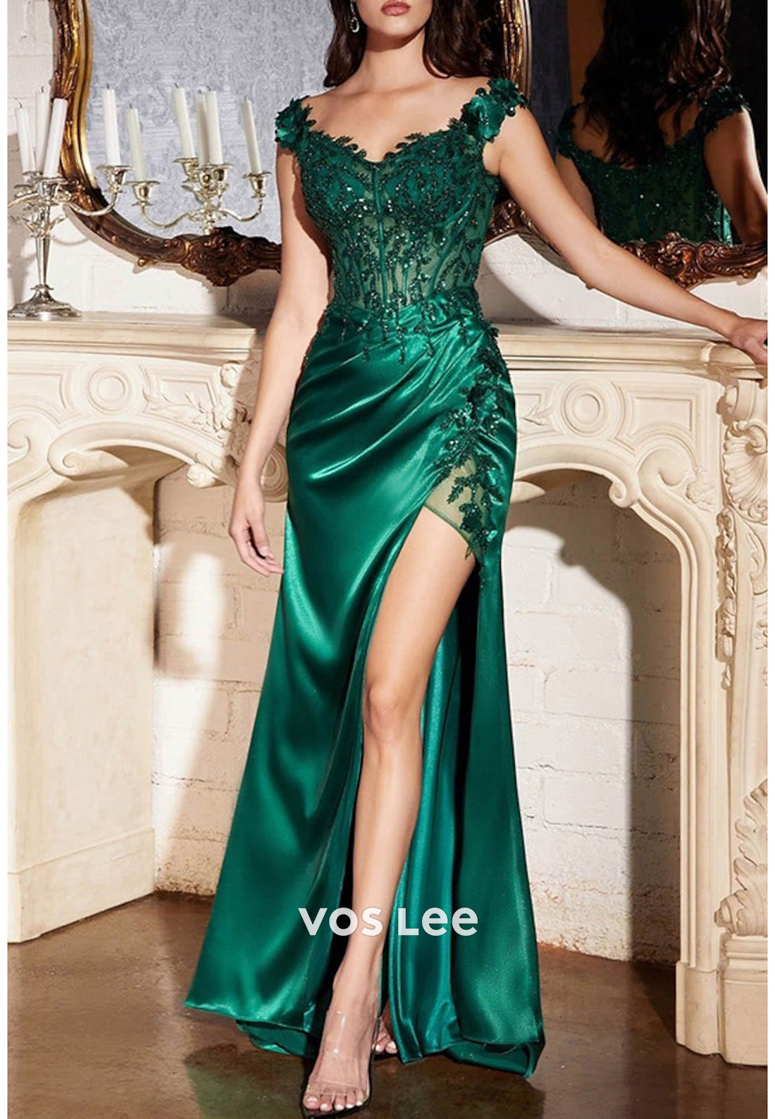 Cap Sleeves Sweetheart Appliques Lace Mermaid Evening Dresses with High Split