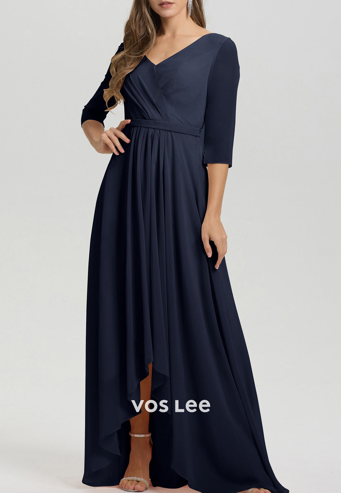 A-Line High Low 3/4 Sleeve V Neck Pleated Floor-Length Mother of Bride Dresses