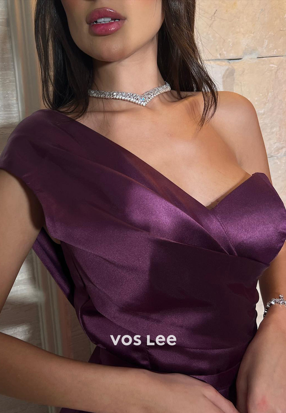 Simple A-Line One Shoulder Grape Pleated Evening Dresses