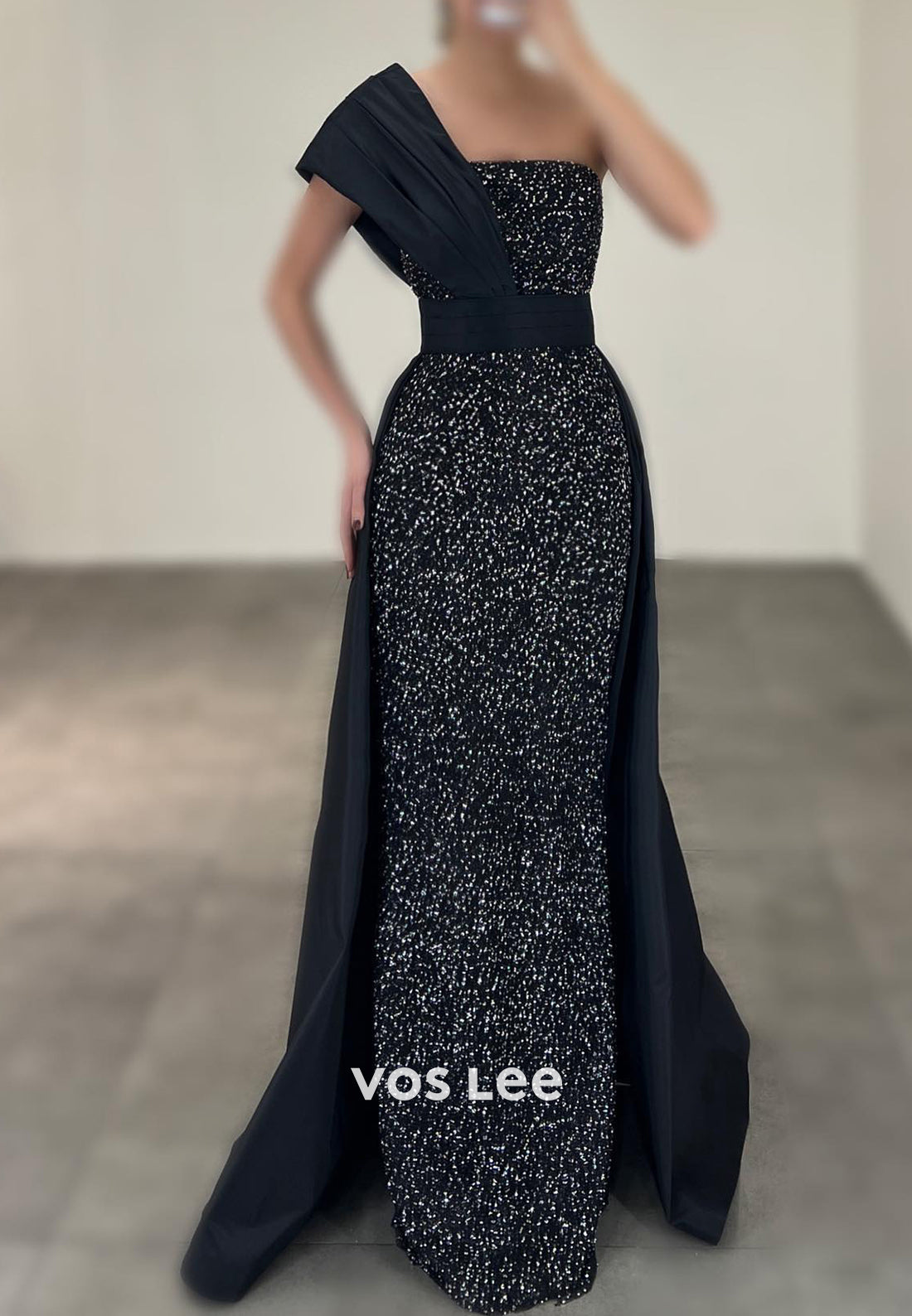Sparkle & Shine One Shoulder Pleated Sheath Long Evening Dresses with Court Train