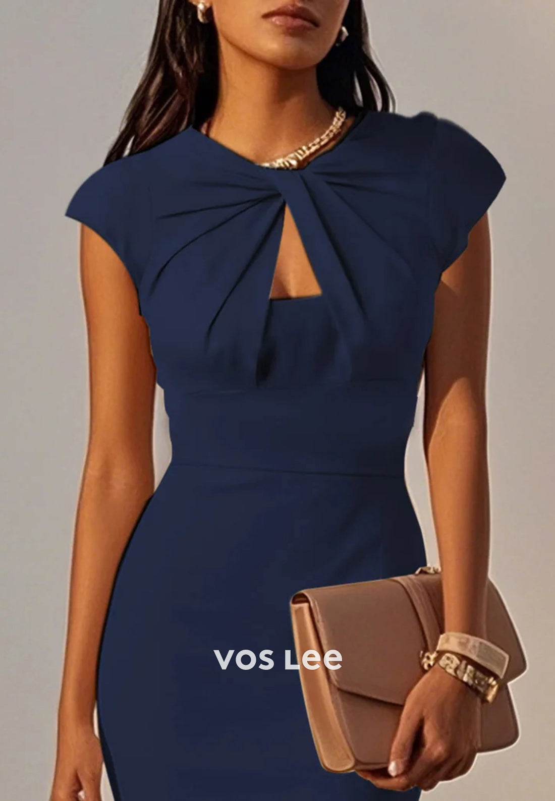 Simple & Casual Empire Waist Scoop Tea-Length Pleated Mermaid Wedding Guest Dresses
