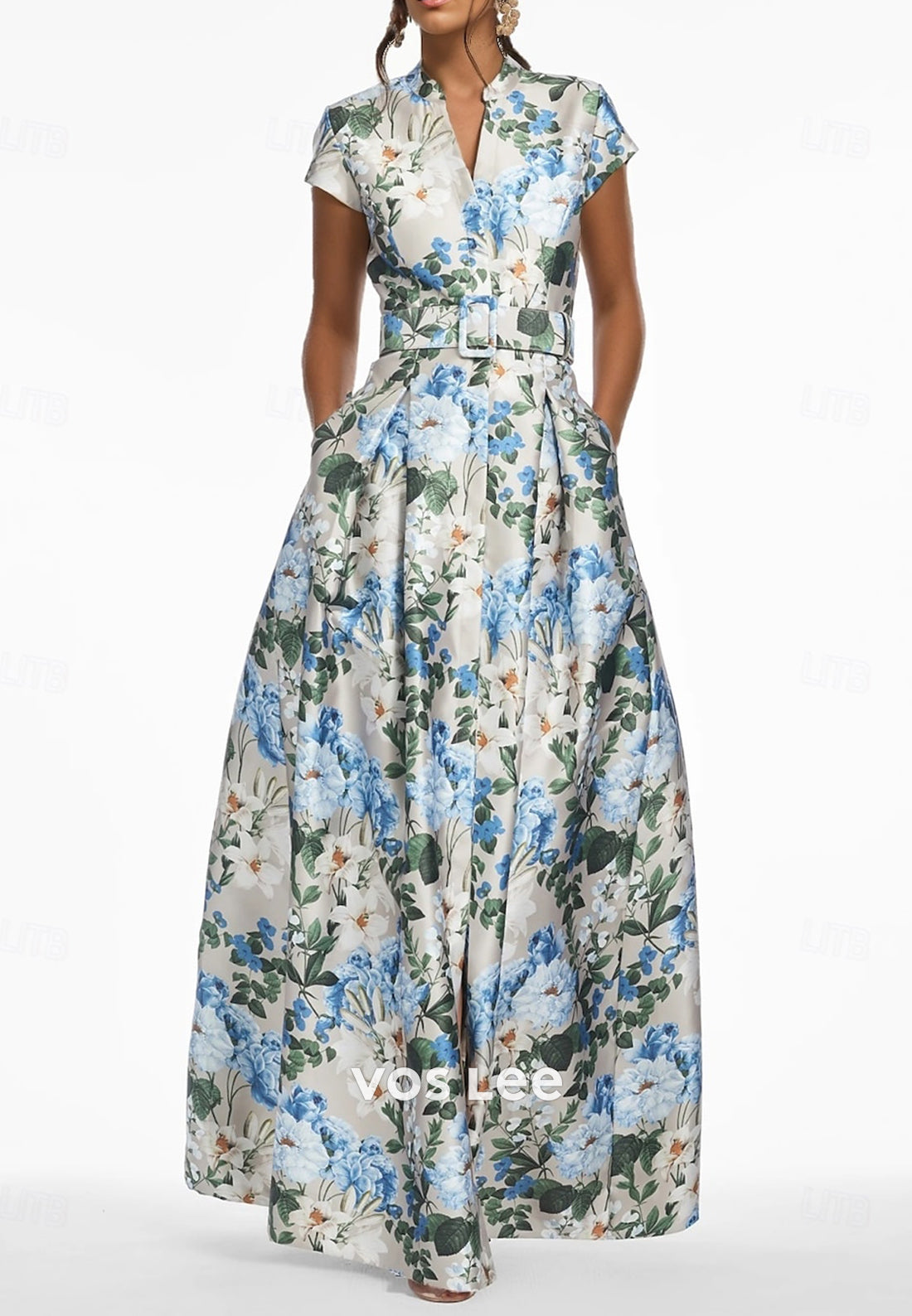 A-Line V Neck Empire Waist Floral Embellished Mother of Bride Dresses with Pockets