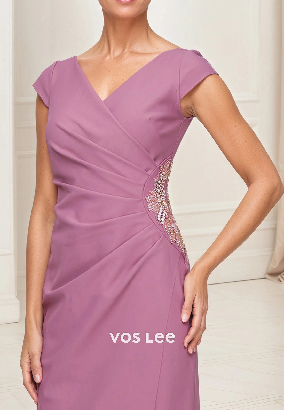 Cap Sleeves V Neck Ruched Rhinestone Ankle-Length Sheath Mother of Bride Dresses