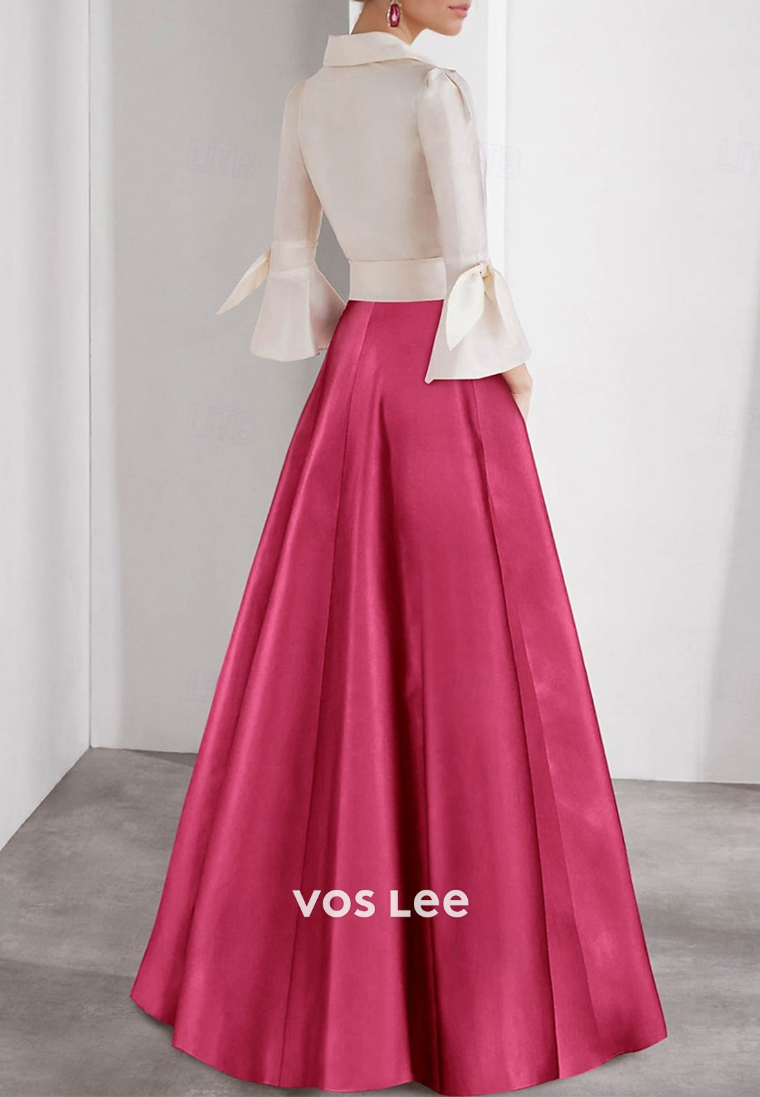 A-Line Bell Sleeves V Neck Bowknot Pleated Floor-Length Mother of Bride Dresses