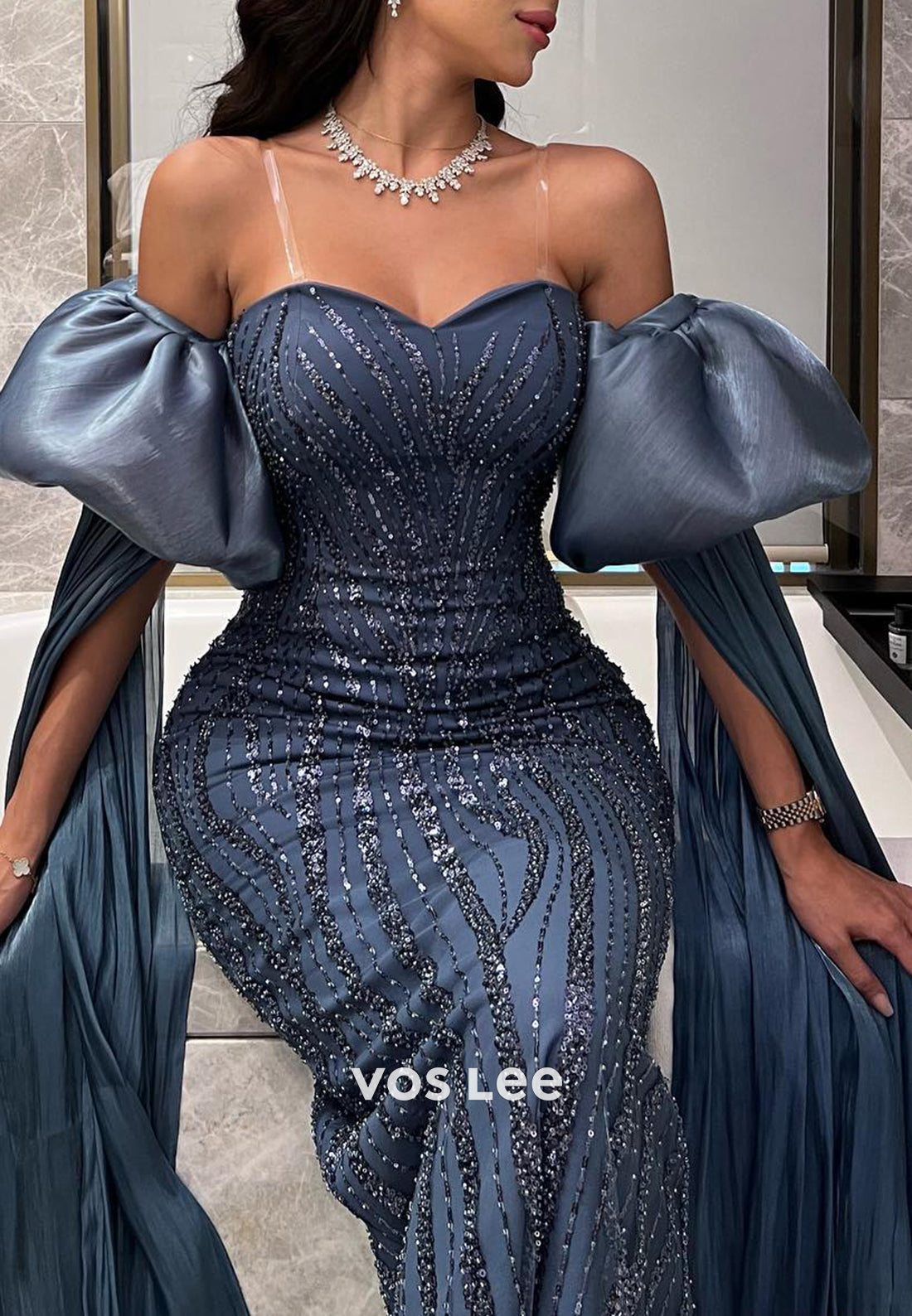 Sparkle & Shine Short Sleeve Sweetheart Beaded Embellished Mermaid Evening Dresses