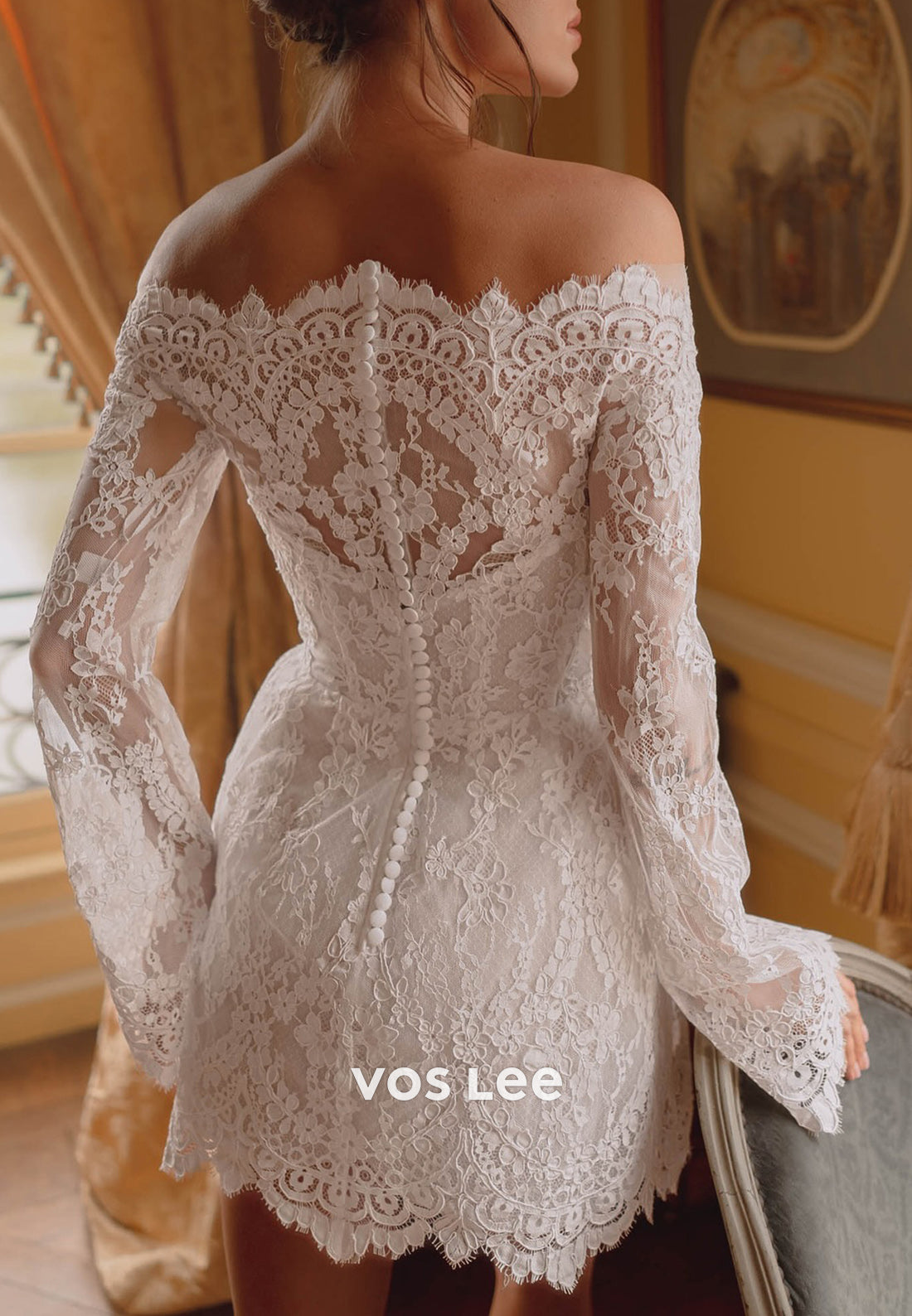 Long Sleeve Off the Shoulder Appliques Lace Sheath Wedding Dresses with Detachable Train