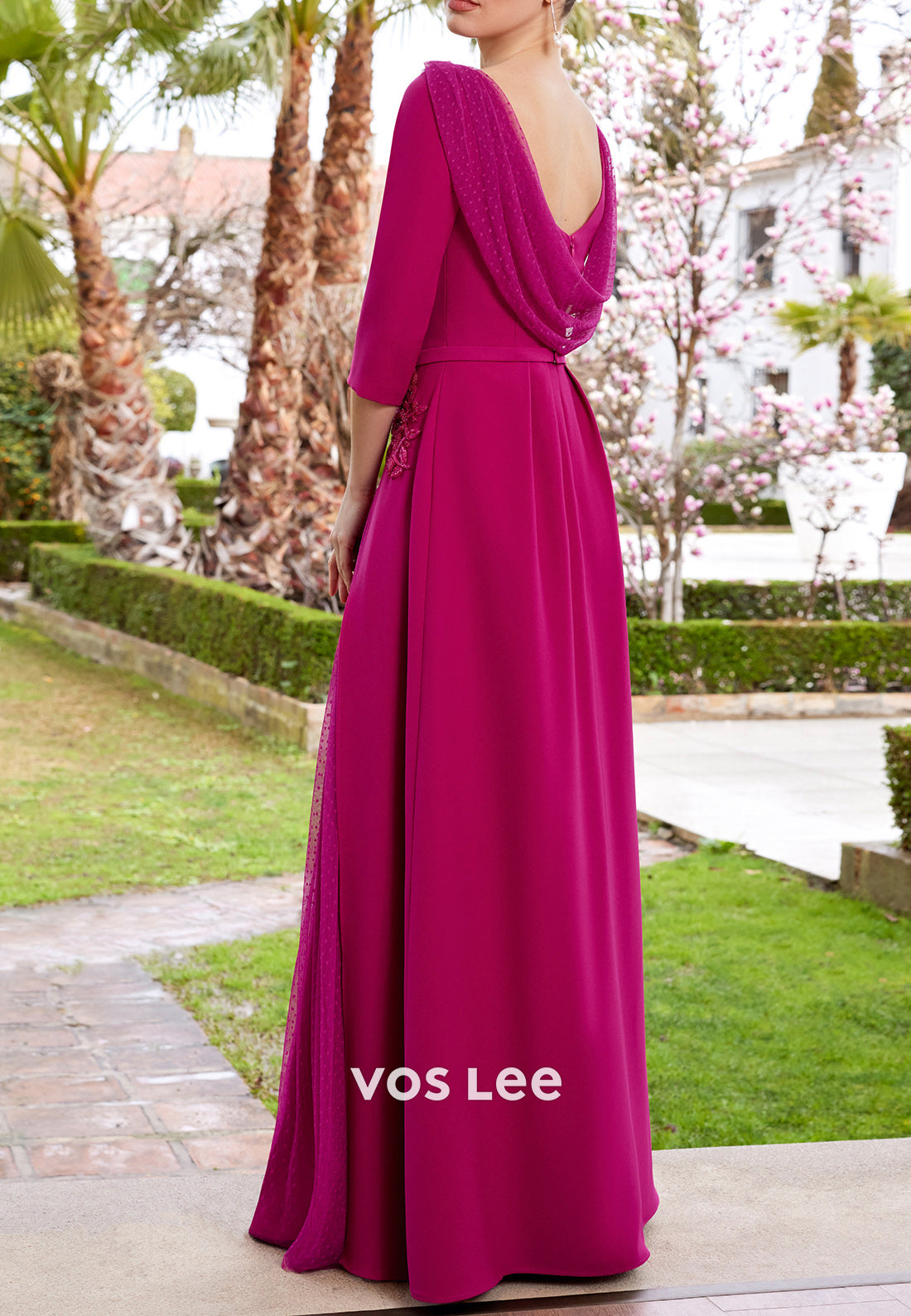 A-Line 3/4 Sleeve Floor-Length Floral Appliqued Mother of Bride Dress with Side Split