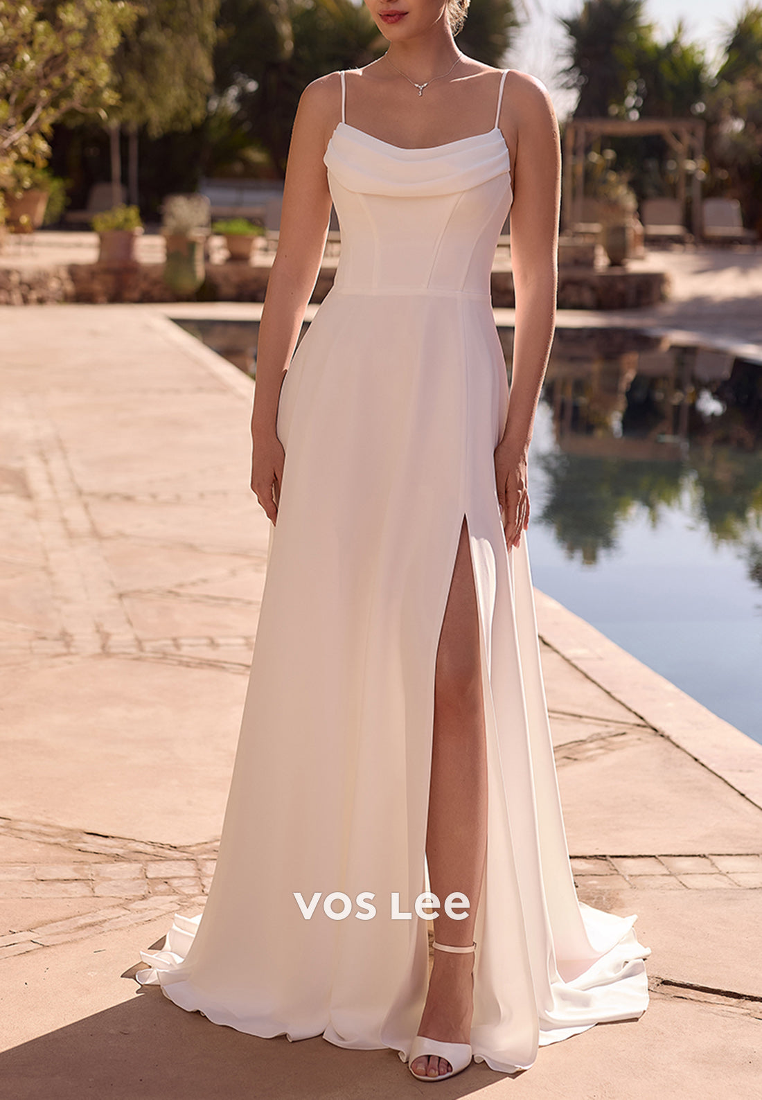A-Line Spaghetti Straps Scoop Split Pleated Beach Wedding Dresses with Sweep Train