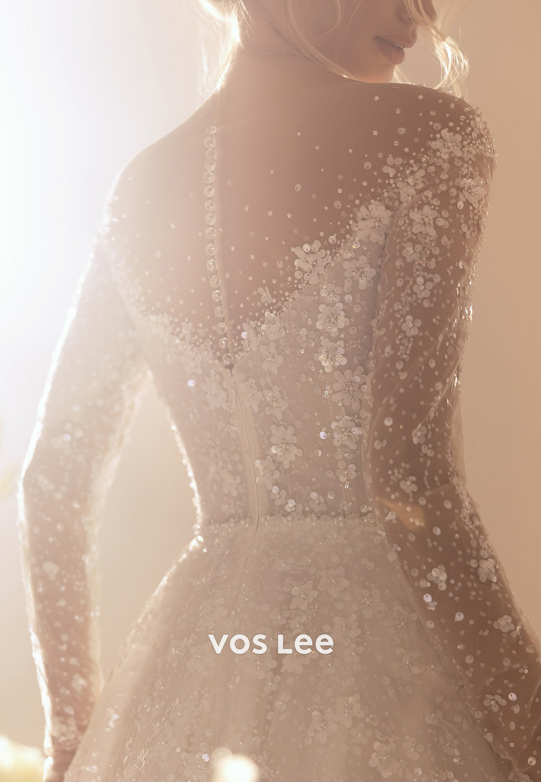 A-Line Long Sleeve Illusion Neck Sequins Floral Appliqued Wedding Dresses with Court Train