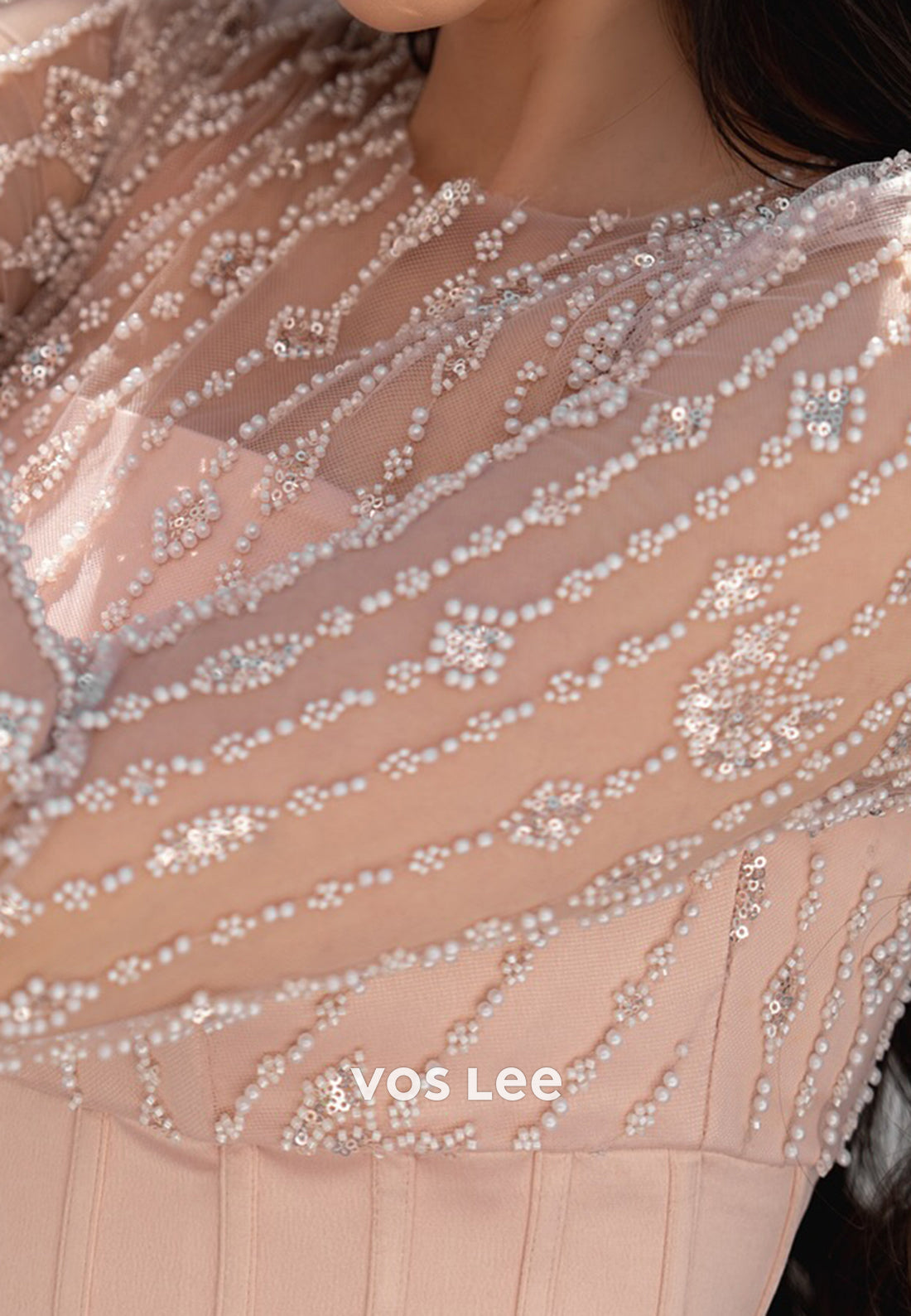 Long Sleeve Illusion Neck Beaded Embellished Mermaid Evening Dresses