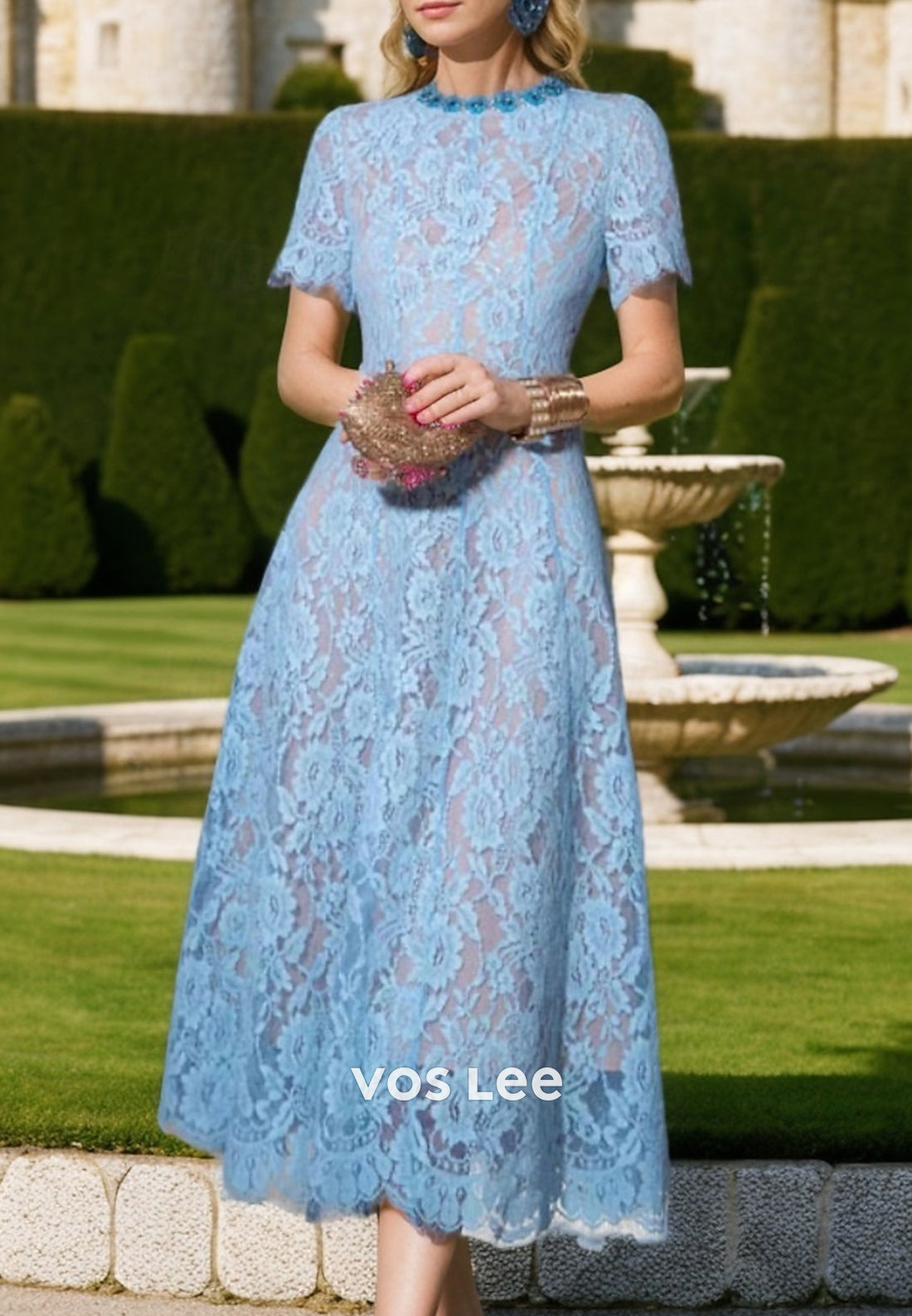 A-Line Blue Short Sleeve Scoop Tea-Length Appliques Lace Mother of Bride Dresses