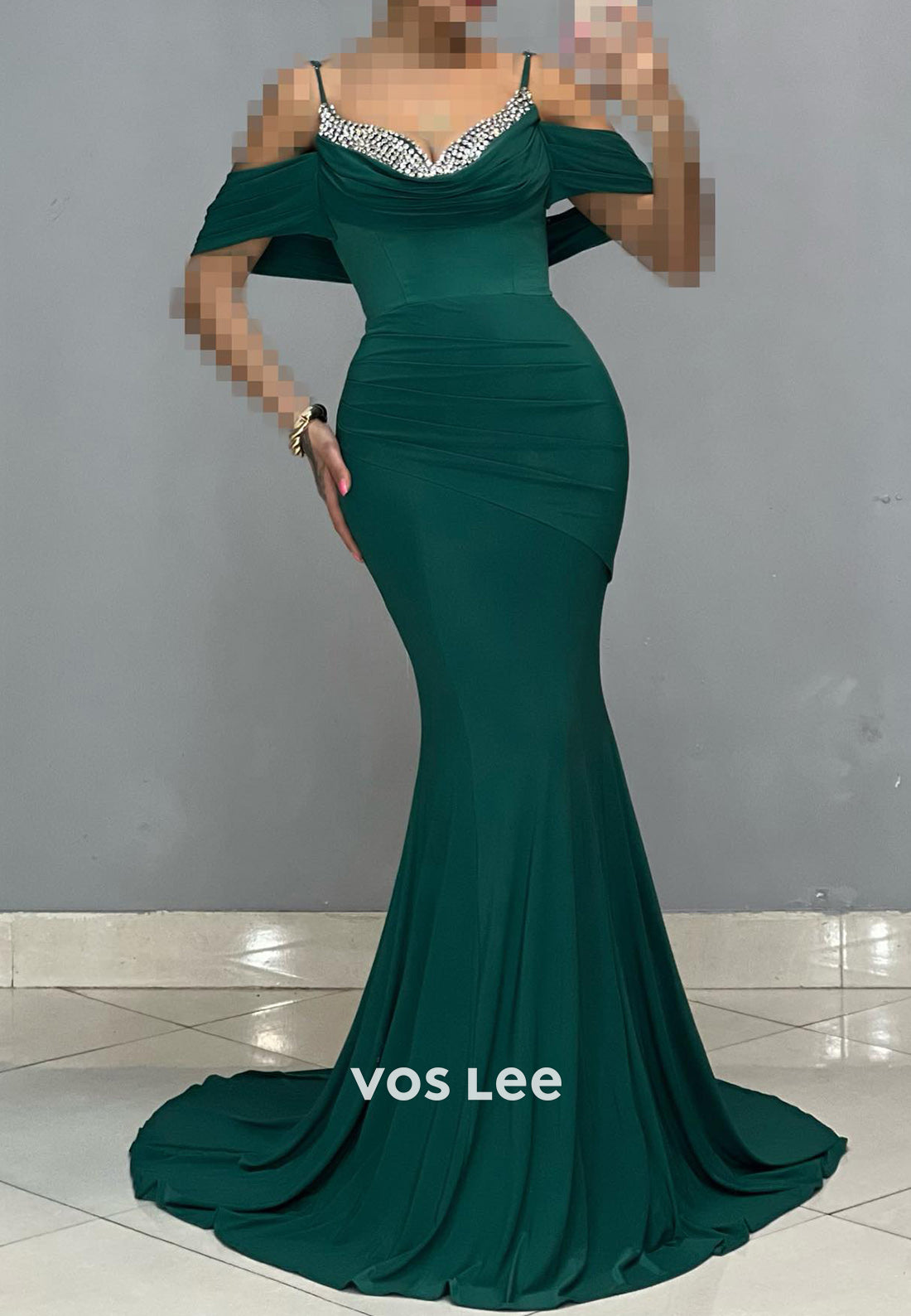Off the Shoulder Spaghetti Straps Rhinestone Mermaid Evening Dresses with Sweep Train