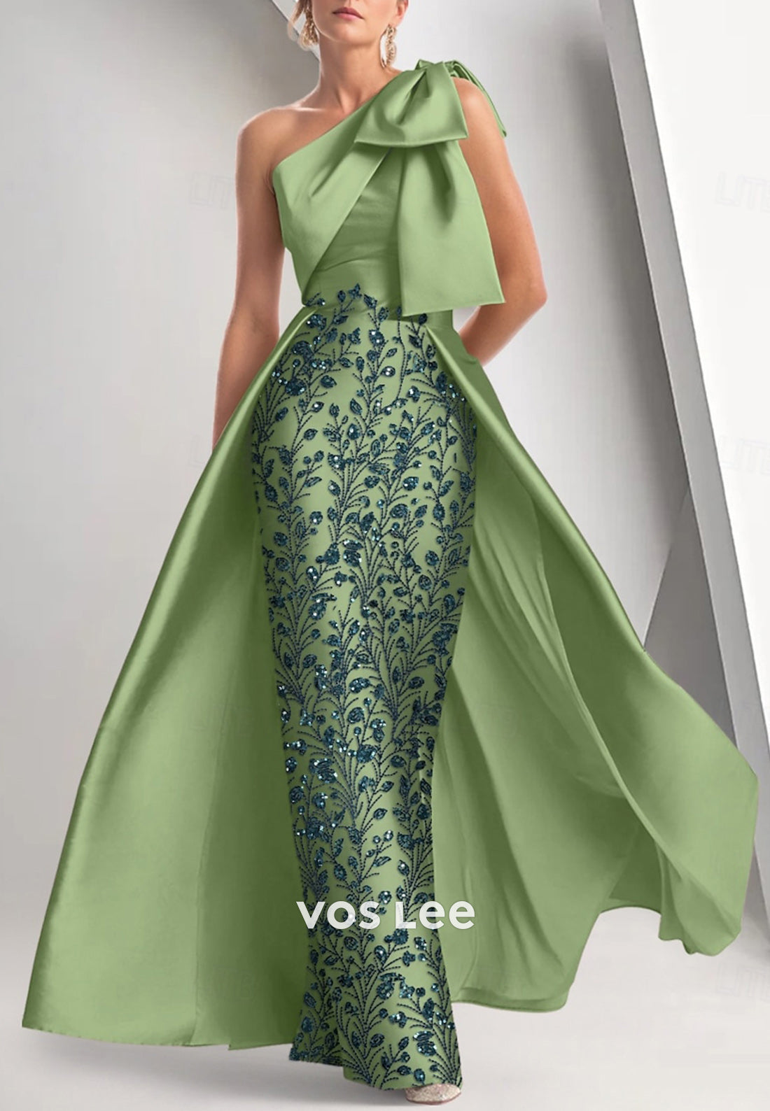 One Shoulder Bowknot Pleated Floor-Length Appliques Mermaid Evening Dresses