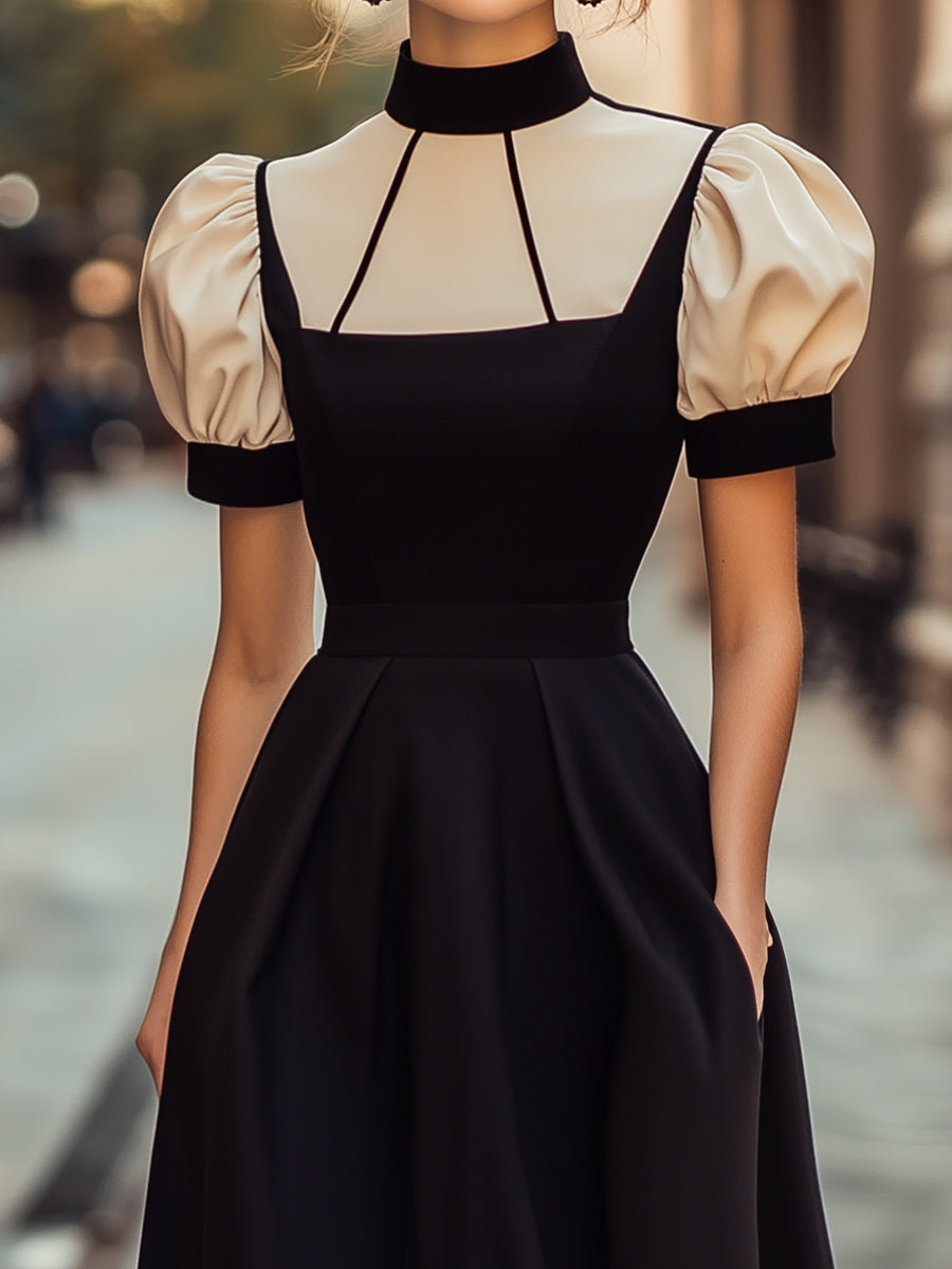 Vintage Puff Sleeve Midi Dress With High Neck