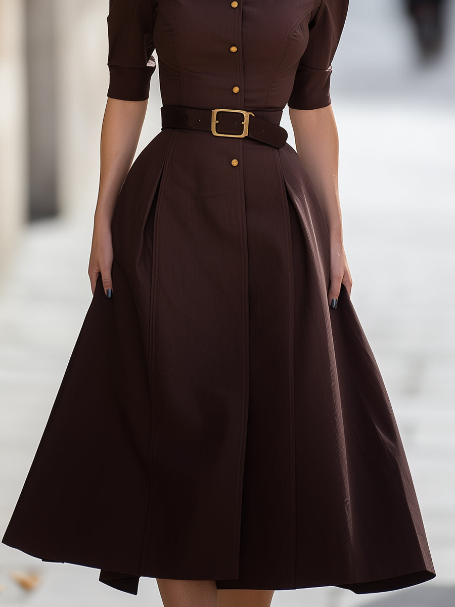 Belted A-Line Shirt Dress With Flared Hem