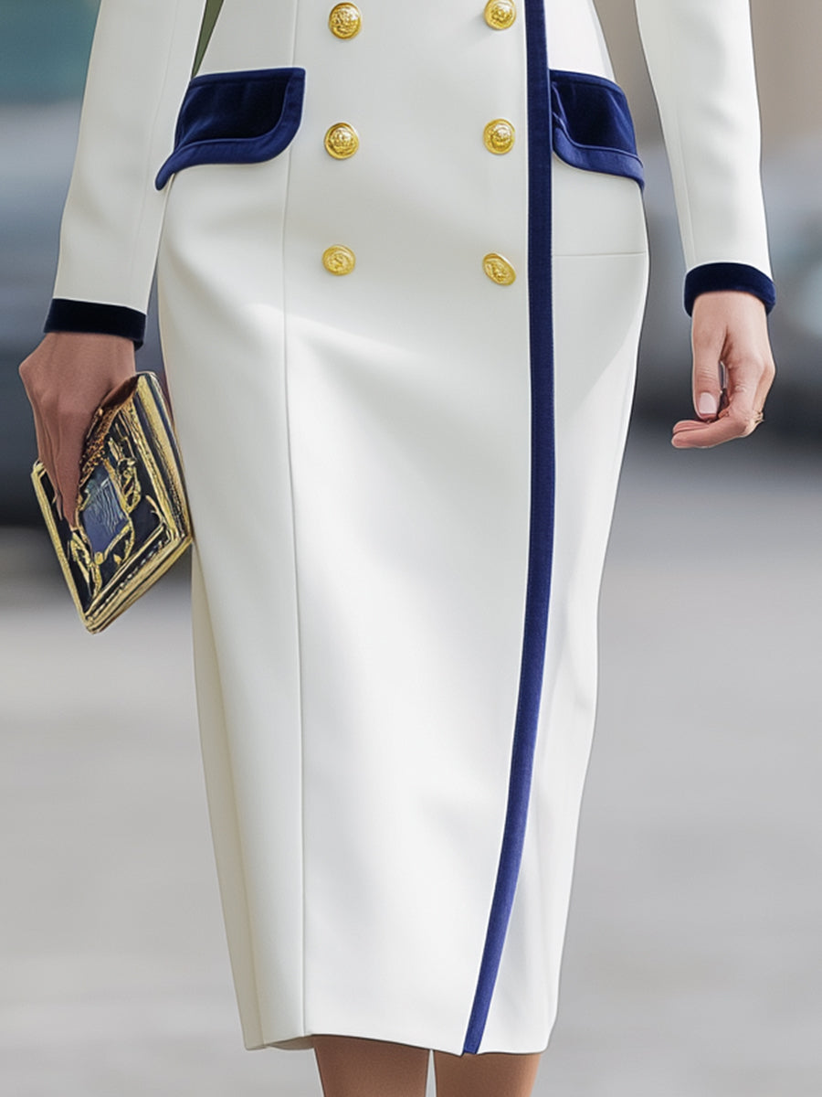White & Navy Contrast Double-Breasted Dress